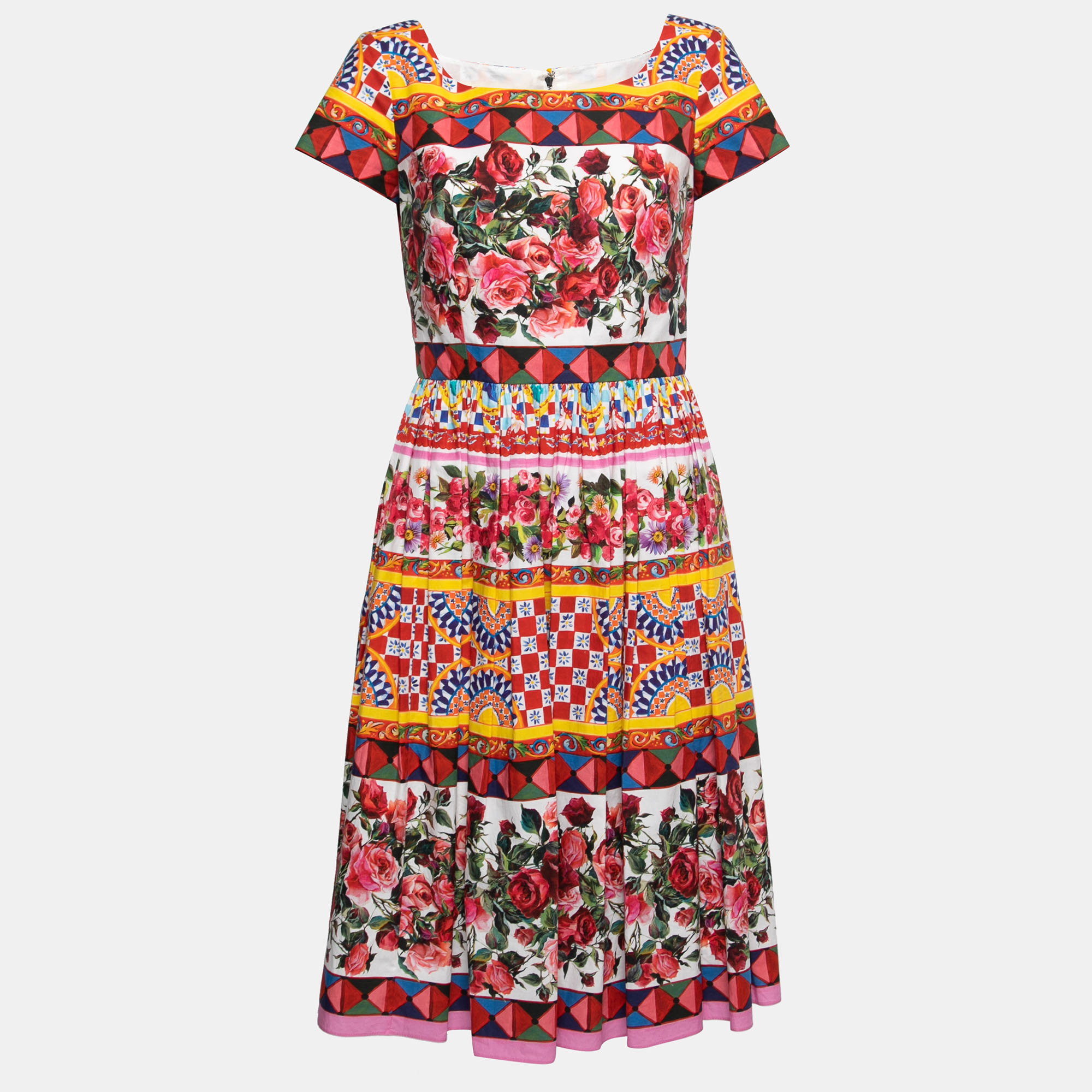 

Dolce & Gabbana Multicolor Floral Printed Cotton Pleated Midi Dress