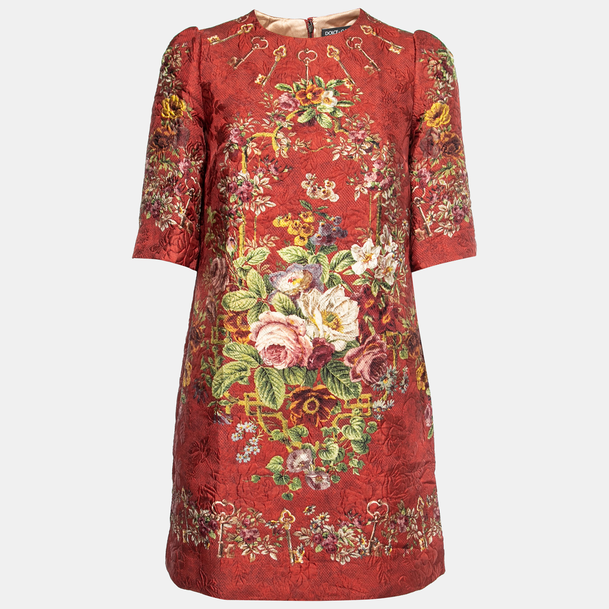 Pre Owned Dolce & Gabbana Red Floral Jacquard Shift Dress S   