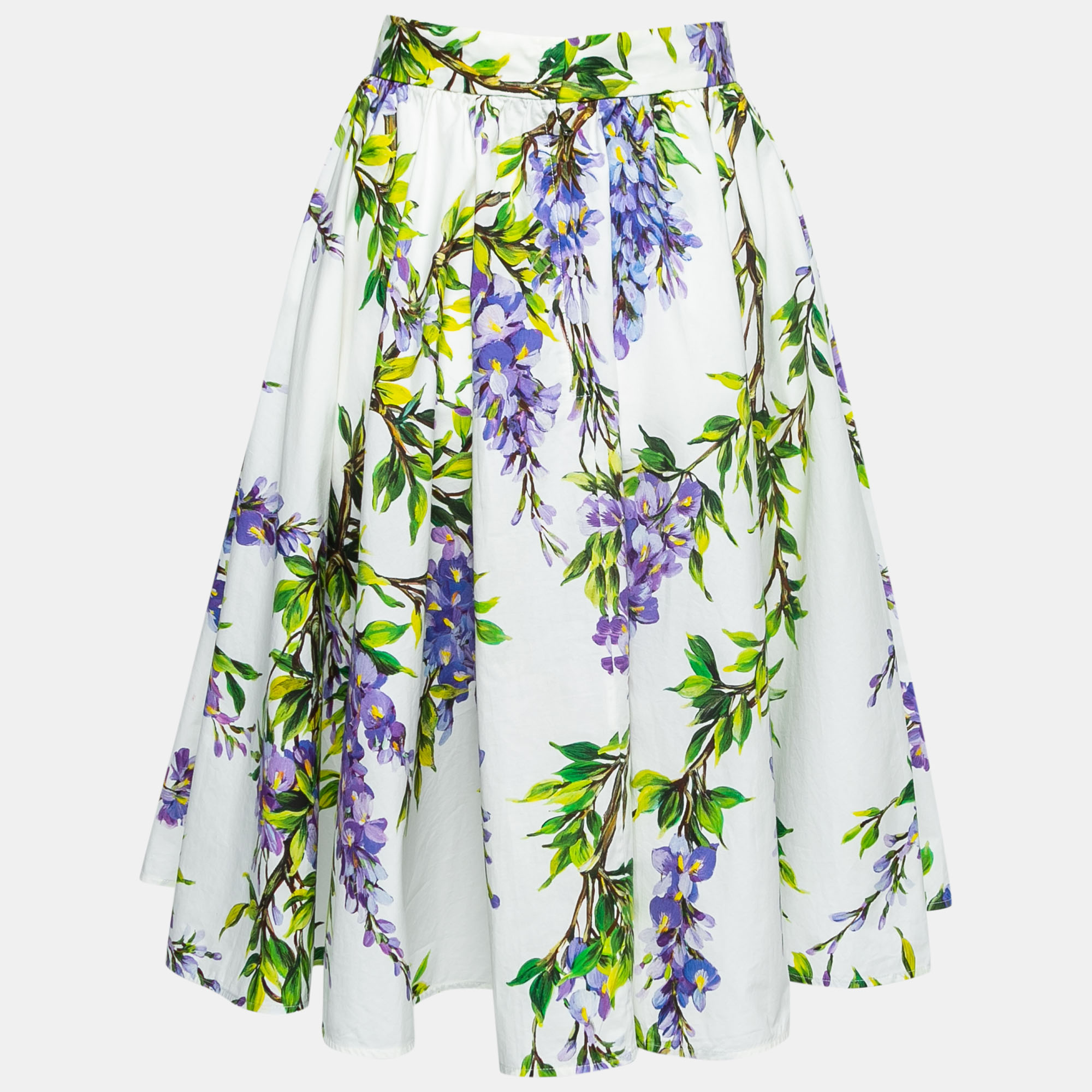 

Dolce & Gabbana White Floral Printed Cotton Flared Skirt