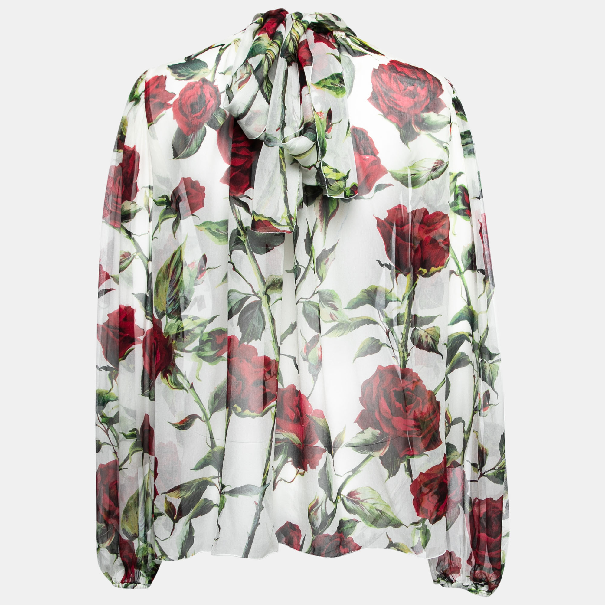 

Dolce & Gabbana White Rose Print Silk Neck-Tie Blouse