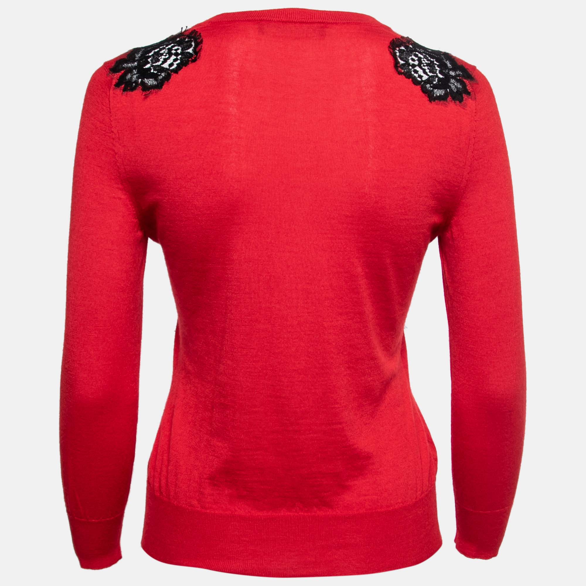 

Dolce & Gabbana Red Cashmere & Lace Inset Round Neck Jumper