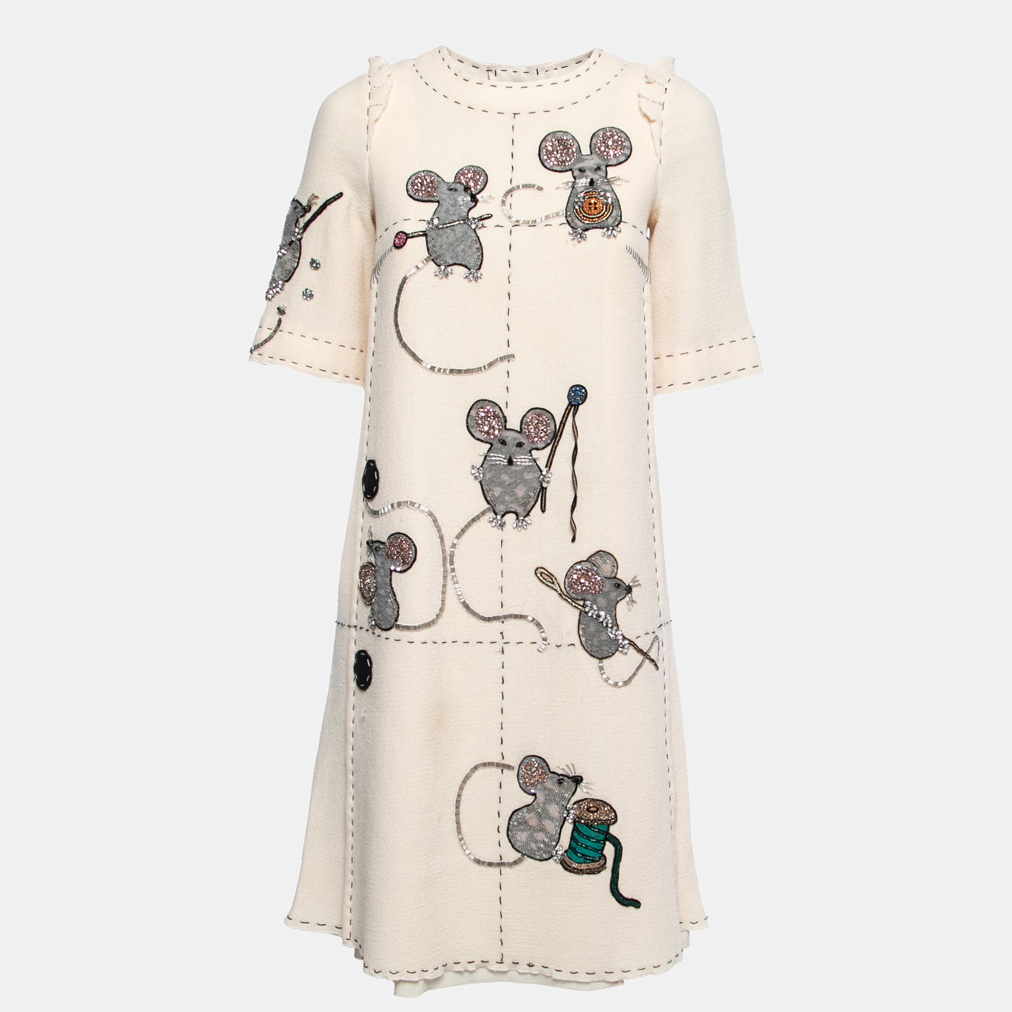 Pre-owned Dolce & Gabbana Cream Crepe Embellished Mouse Shift Dress S ...