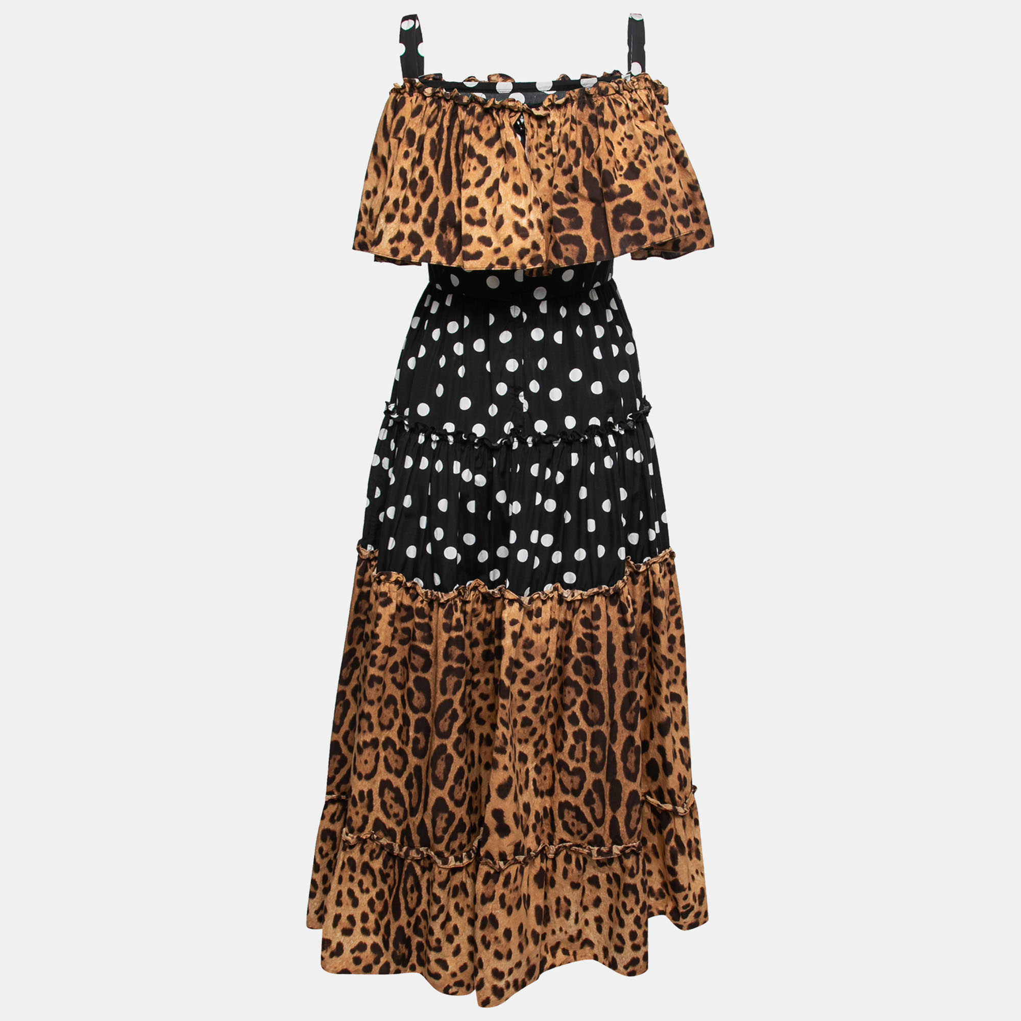 

Dolce & Gabbana Black Polka Dot Mixed Print Cotton Off-Shoulder Maxi Dress