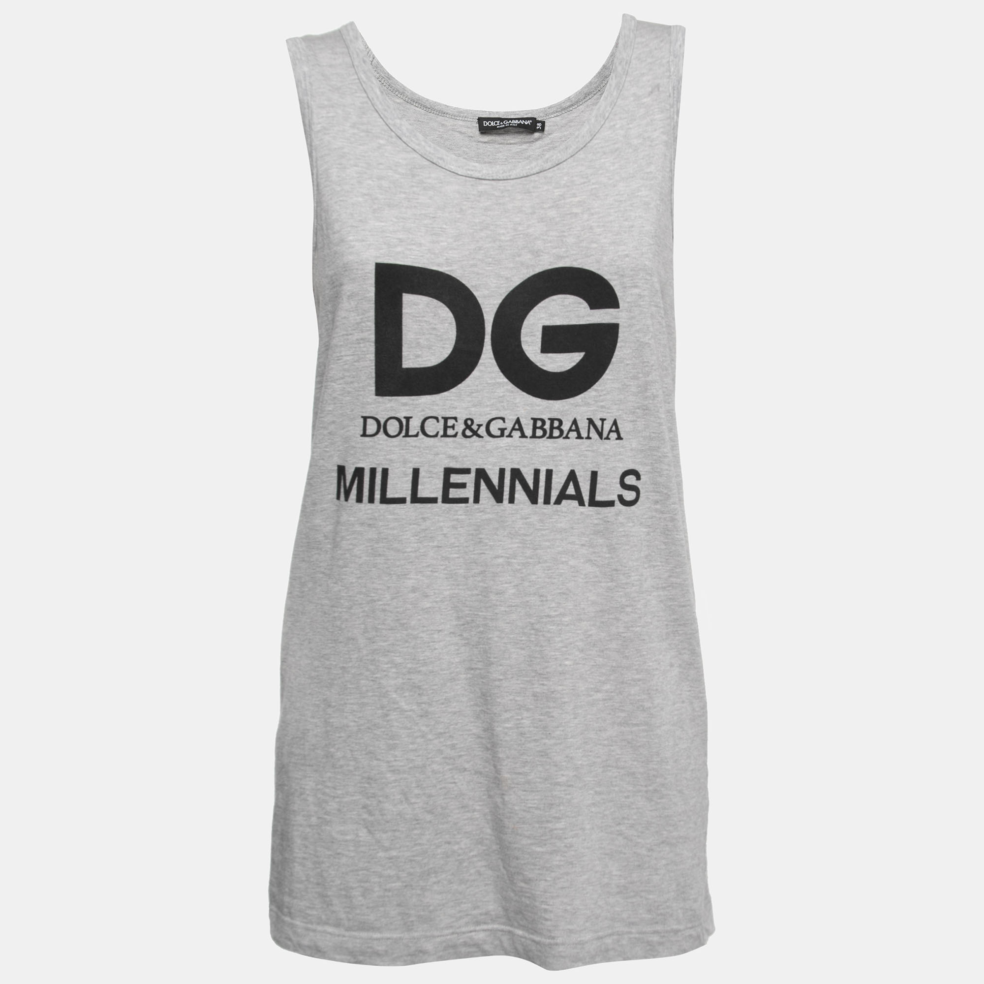 Pre-owned Dolce & Gabbana Grey M&eacute;lange Knit Millennials Print Tank Top S