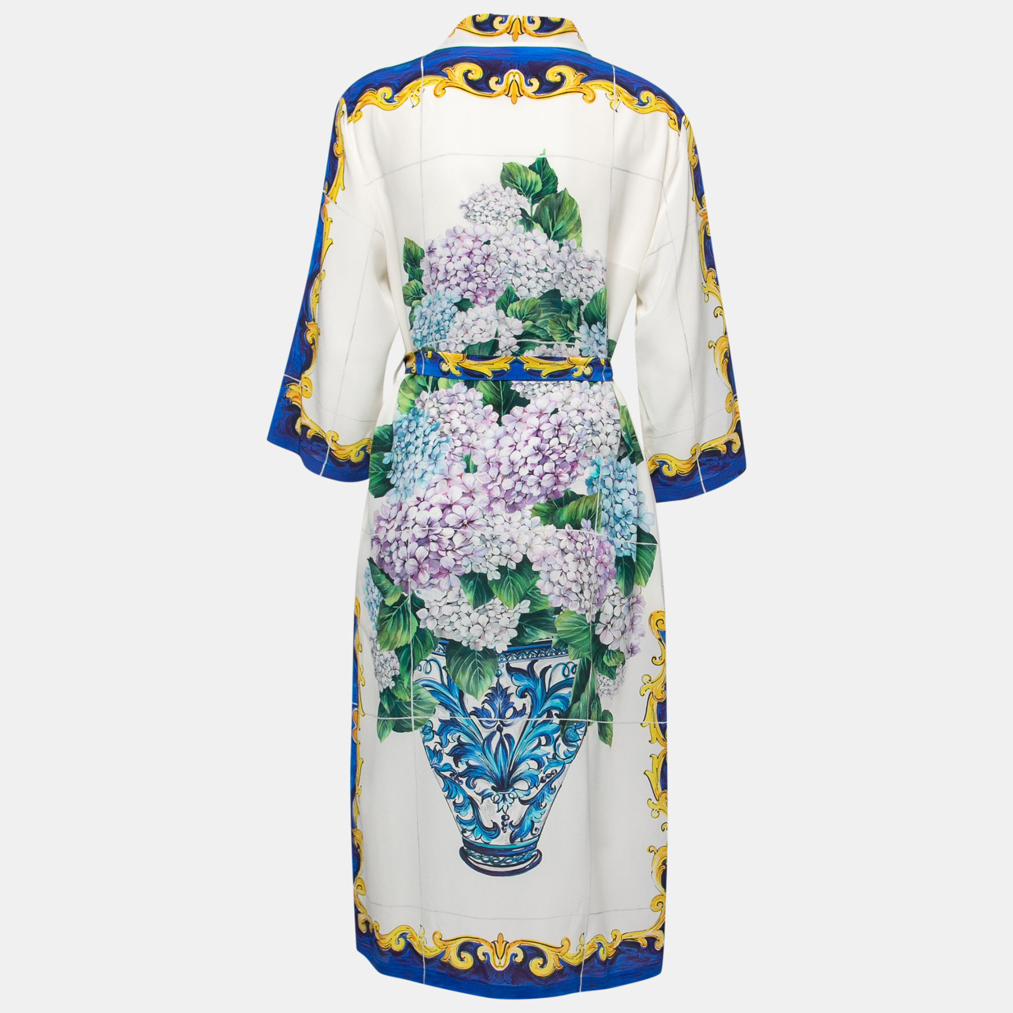 

Dolce & Gabbana White Bouquet Printed Silk Button Down Belted Dress