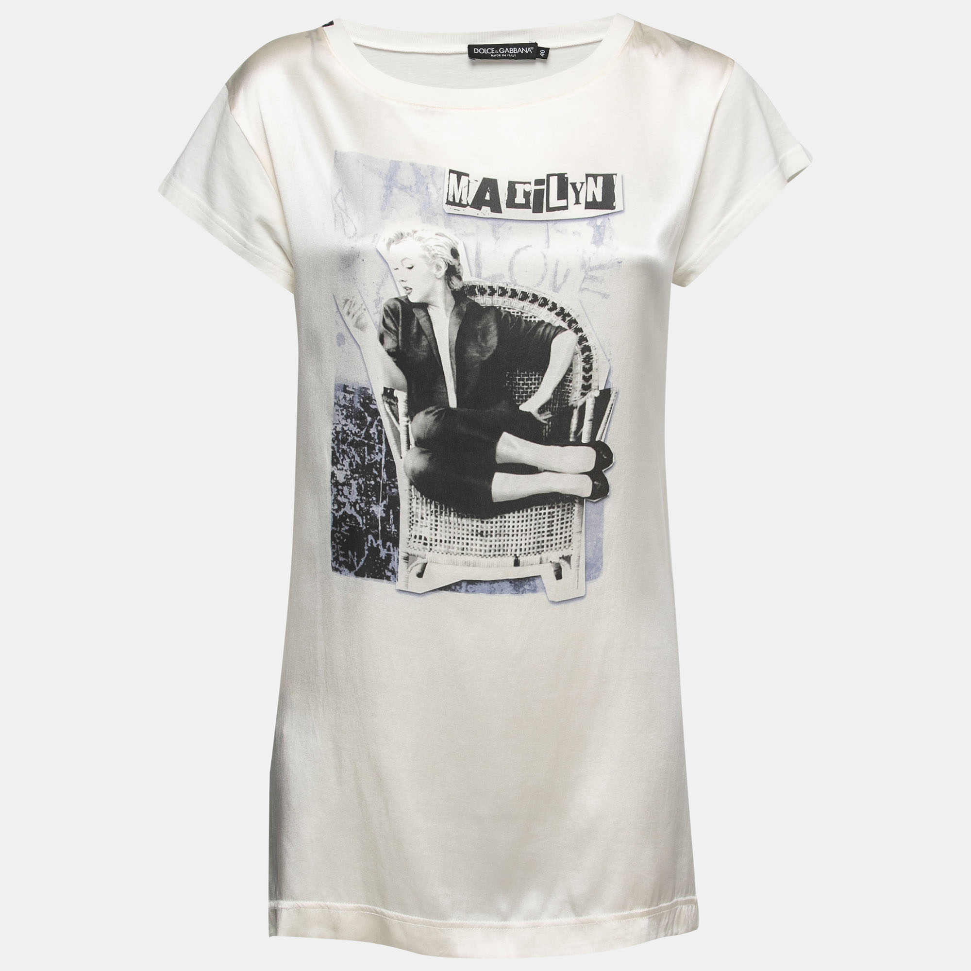 Pre Owned Dolce & Gabbana Cream Marilyn Print Cotton & Silk T-Shirt S