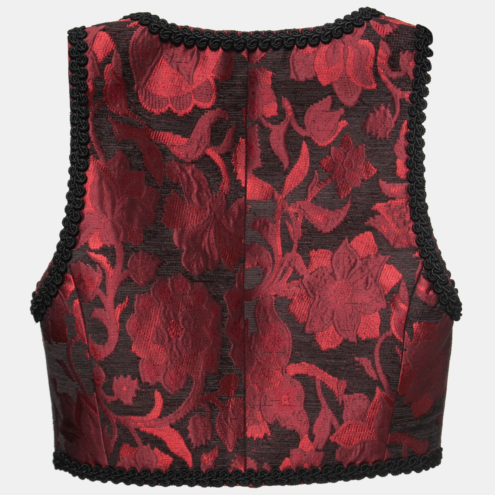

Dolce & Gabbana Red Floral Jacquard Embroidered Trim Cropped Vest