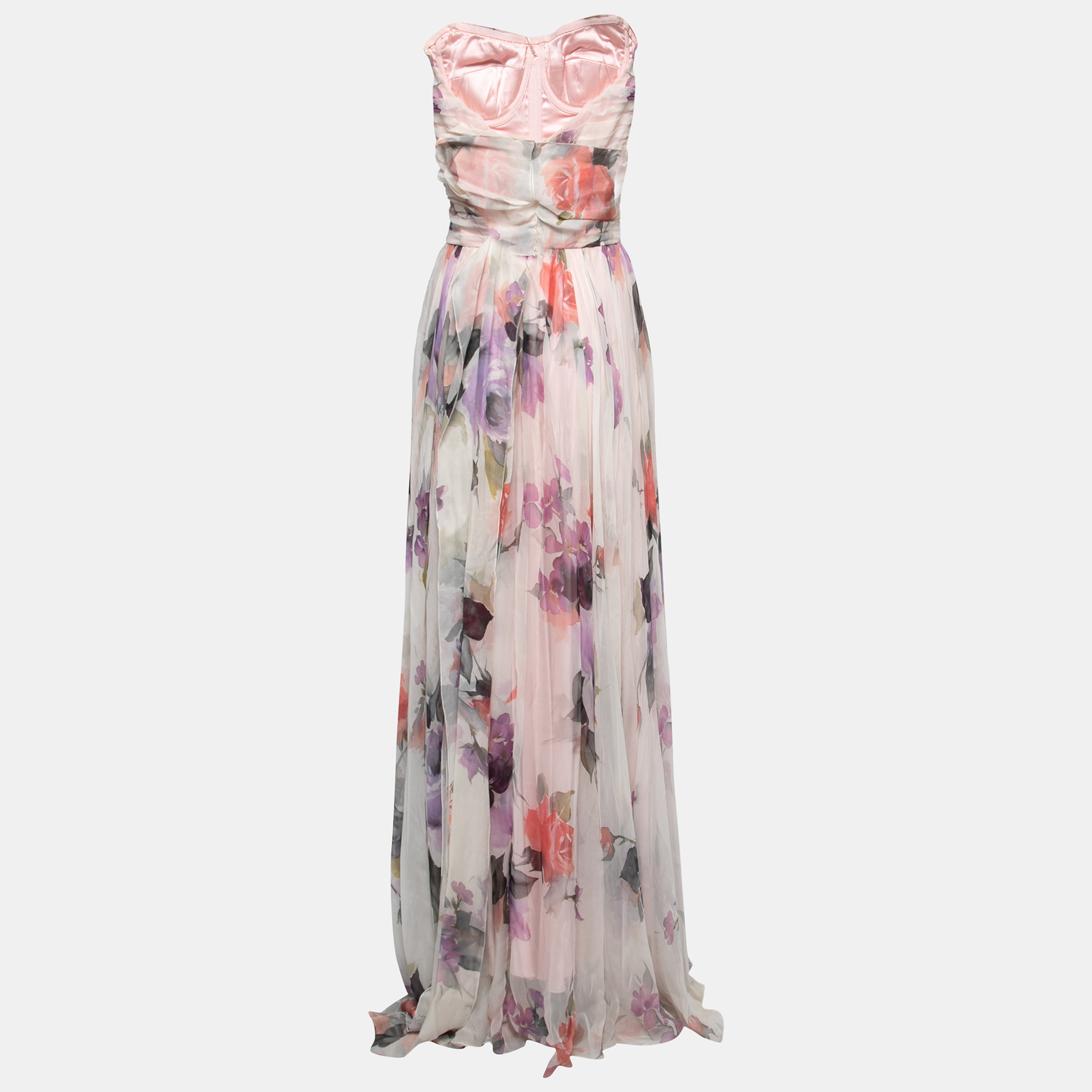 

Dolce & Gabbana White Floral Printed Silk Ruched Strapless Gown