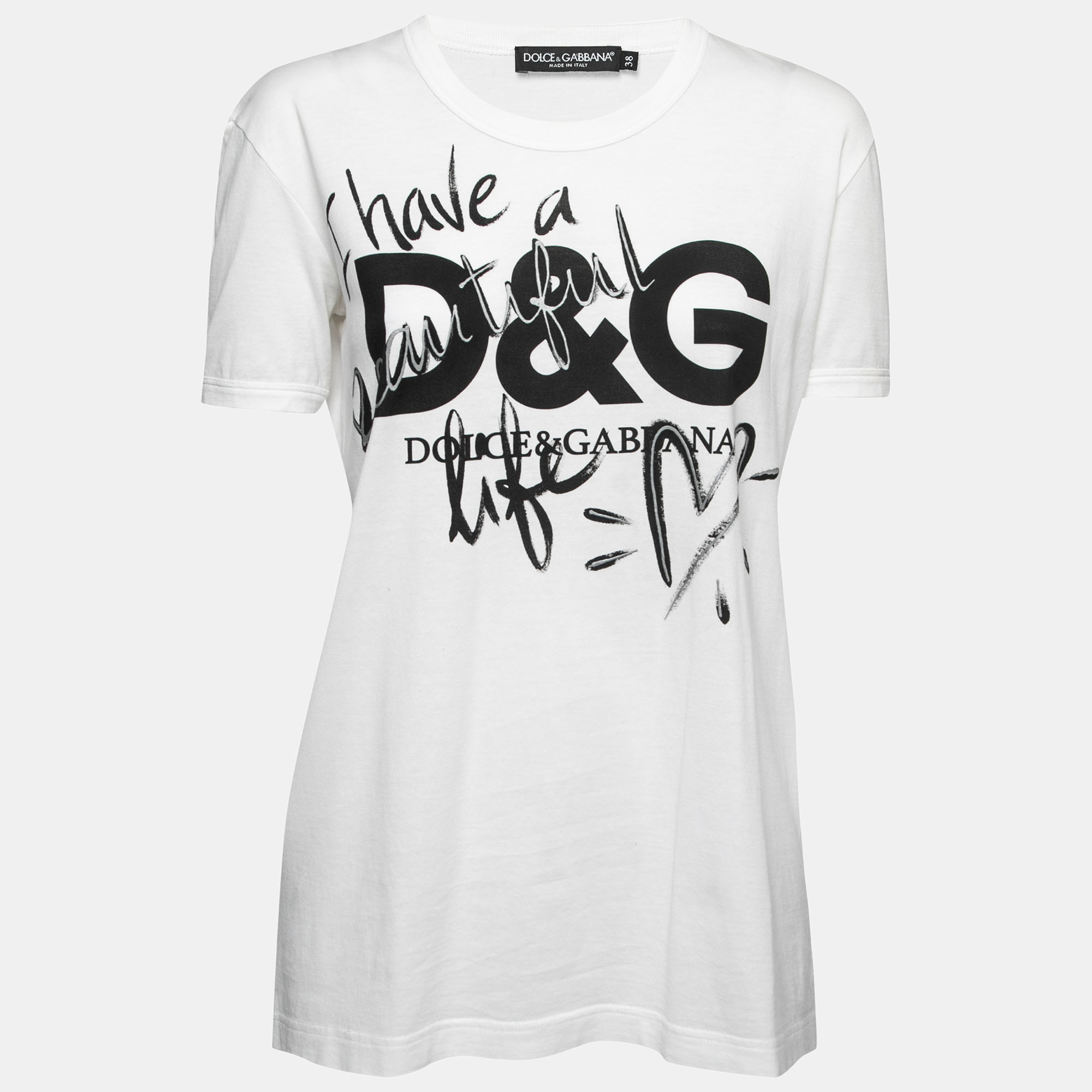 Pre Owned Dolce & Gabbana White Cotton Logo Print T-Shirt S