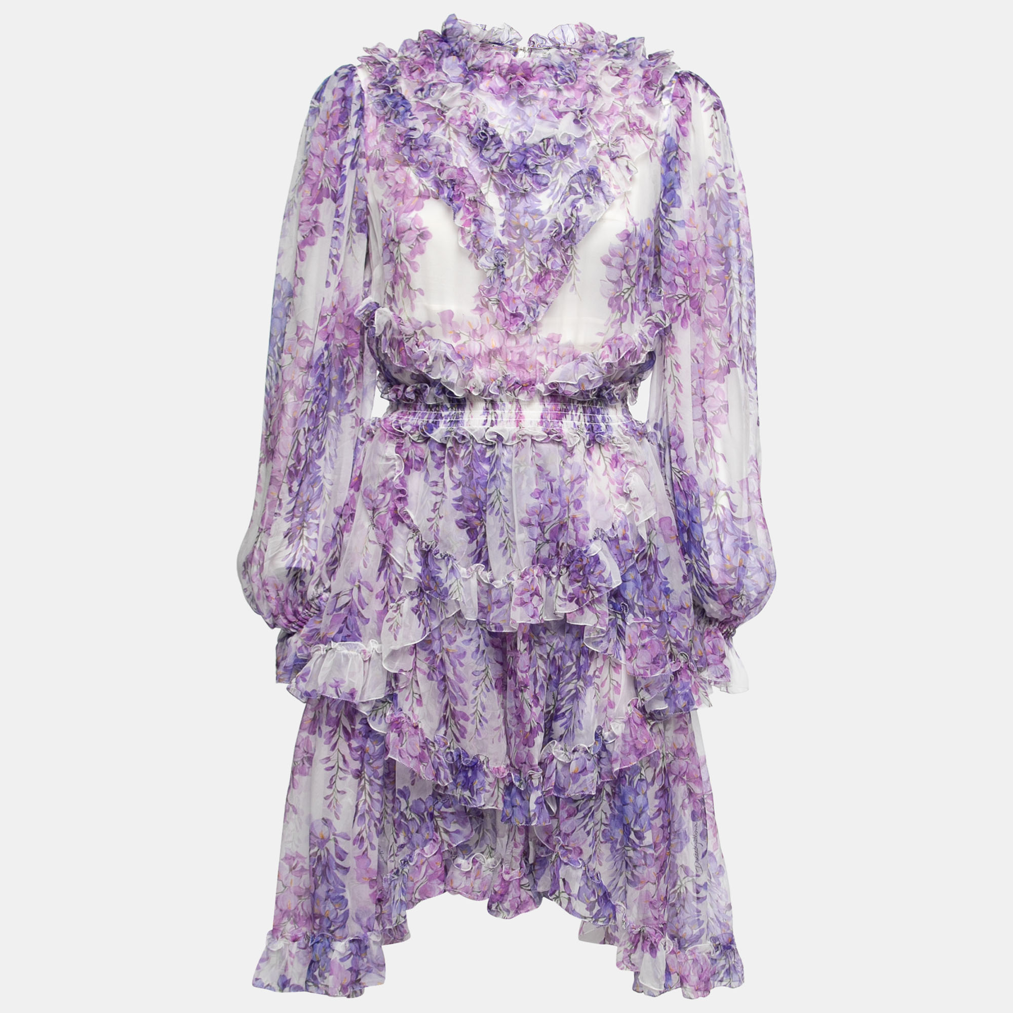 Dolce & Gabbana Purple Floral Printed Silk Ruffle Trimmed Dress M