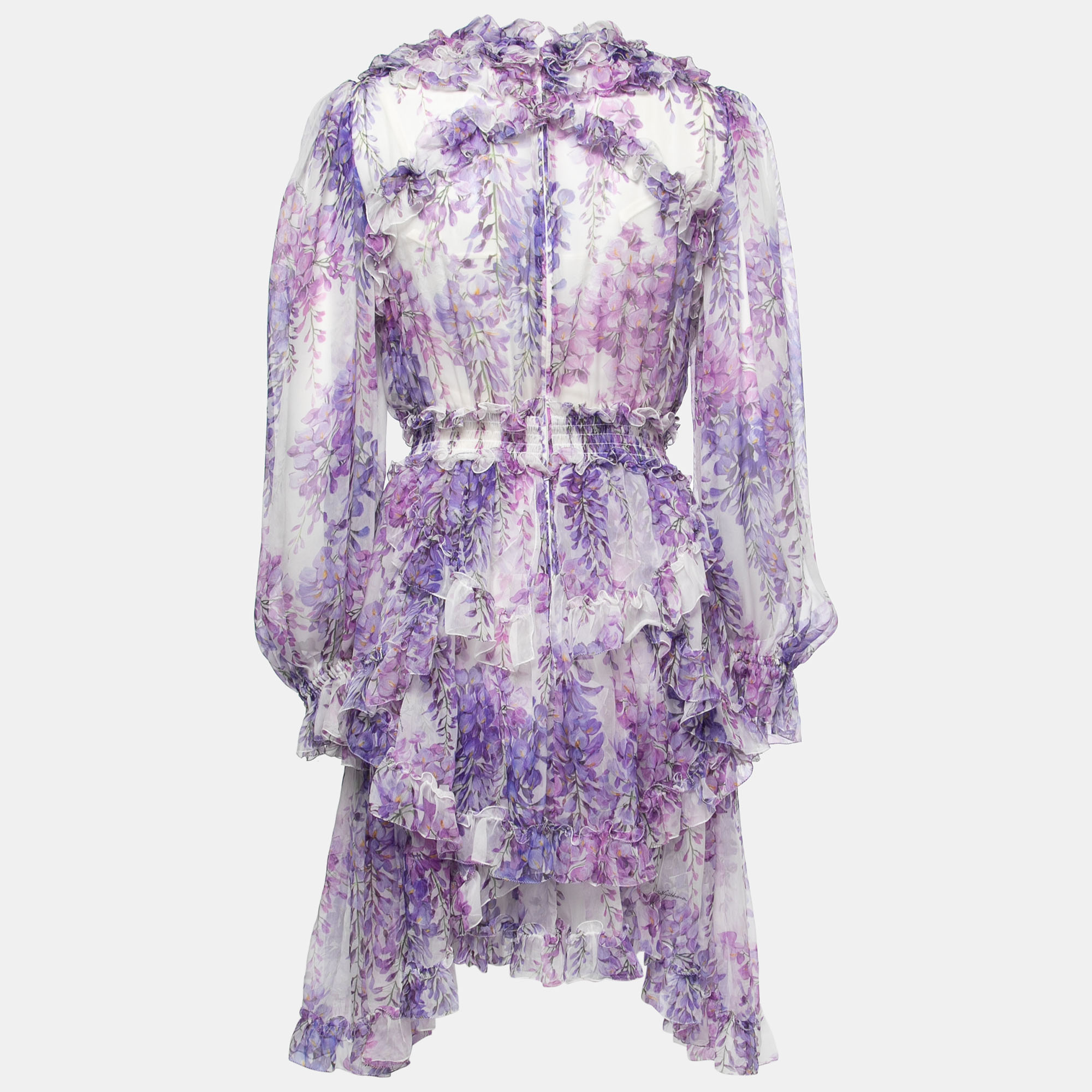 

Dolce & Gabbana Purple Floral Printed Silk Ruffle Trimmed Dress