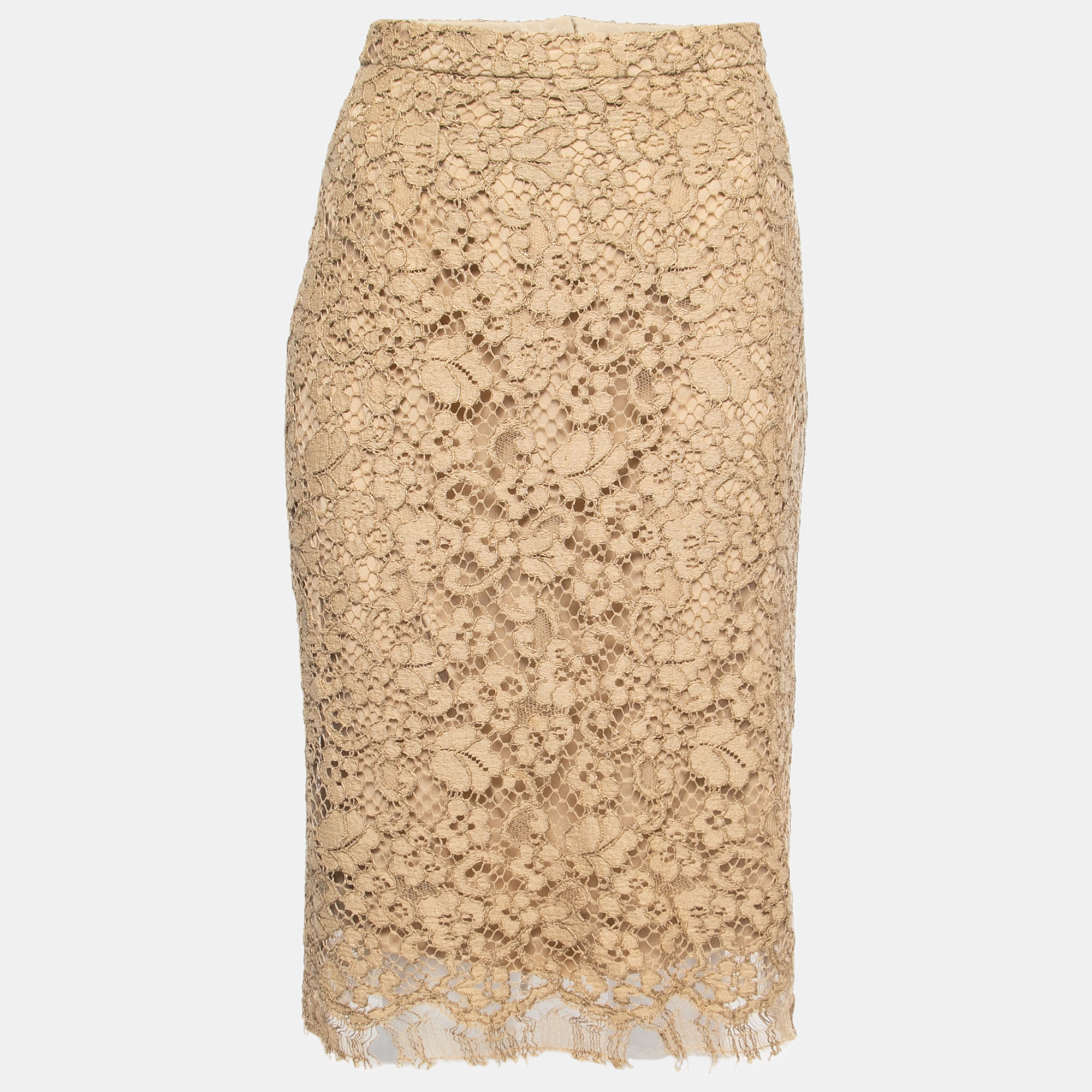 Pre Owned Dolce & Gabbana Beige Lace Pencil Skirt L