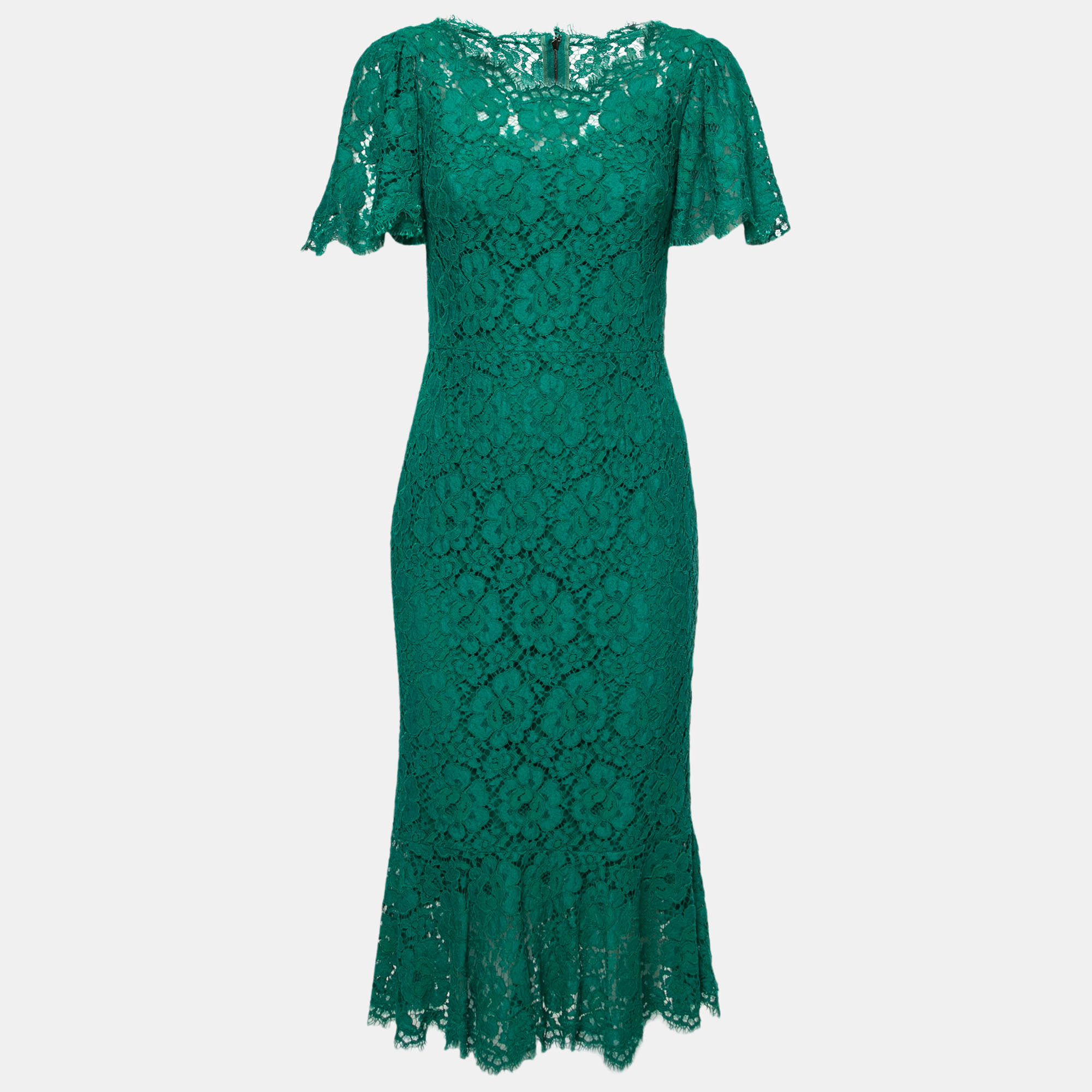 Pre Owned Dolce & Gabbana Green Lace Flutter Sleeve Midi Dress M