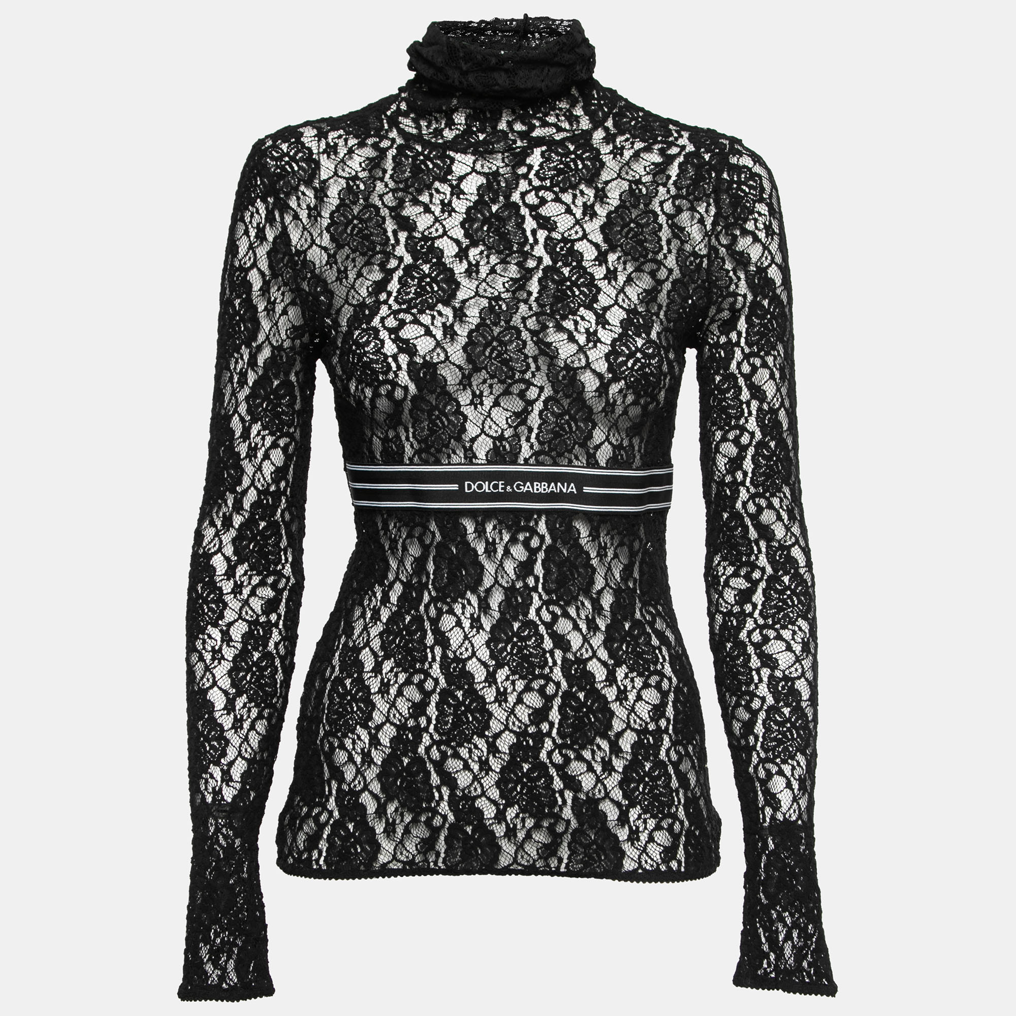 Pre Owned Dolce & Gabbana Black Lace Logo Band Detail Turtleneck Top M