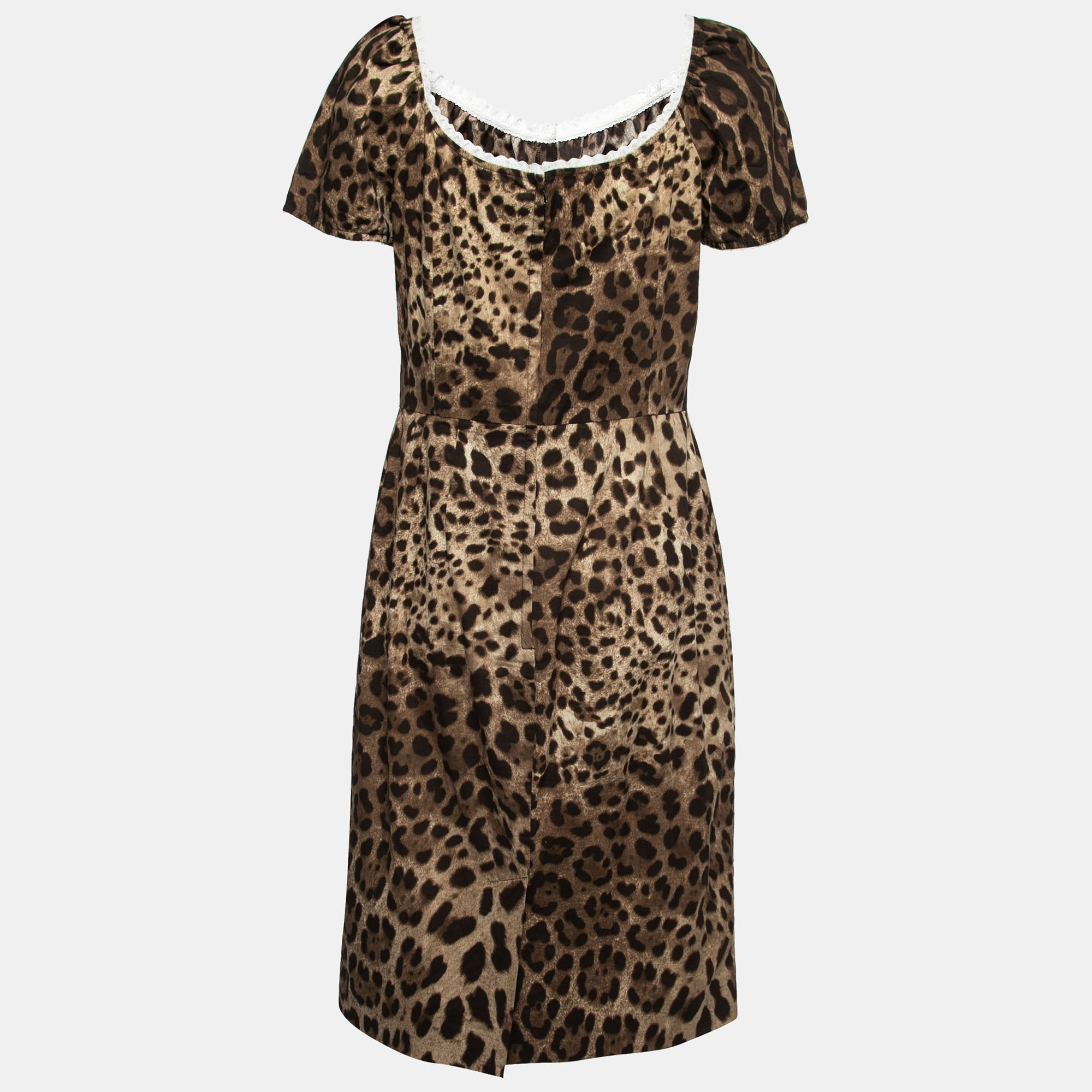 

Dolce & Gabbana Brown Leopard Print Lace Trim Midi Dress