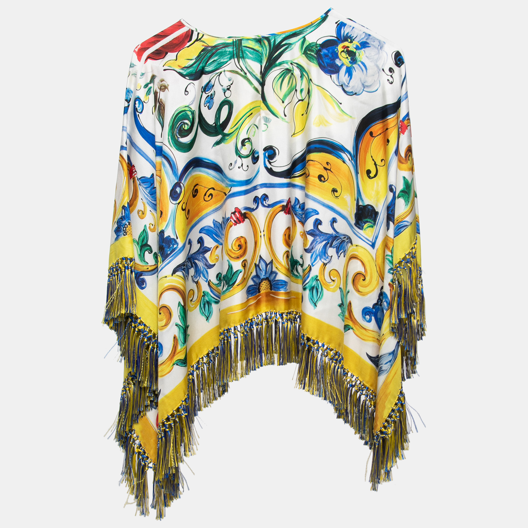 Pre Owned Dolce & Gabbana Multicolor Majolica Printed Silk Tassel Trimmed Poncho Top S