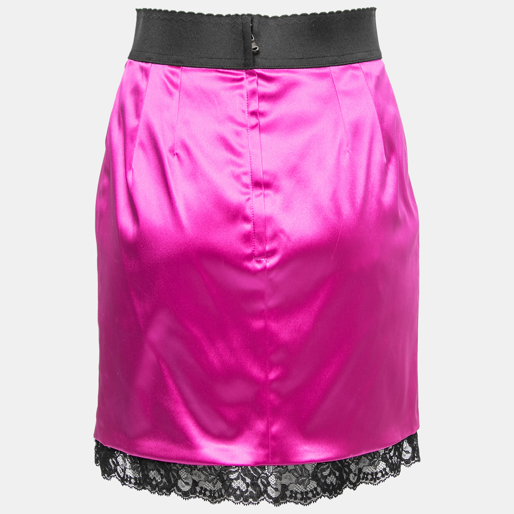 

Dolce & Gabbana Magenta Pink Stretch Satin Lace Trim Mini Skirt