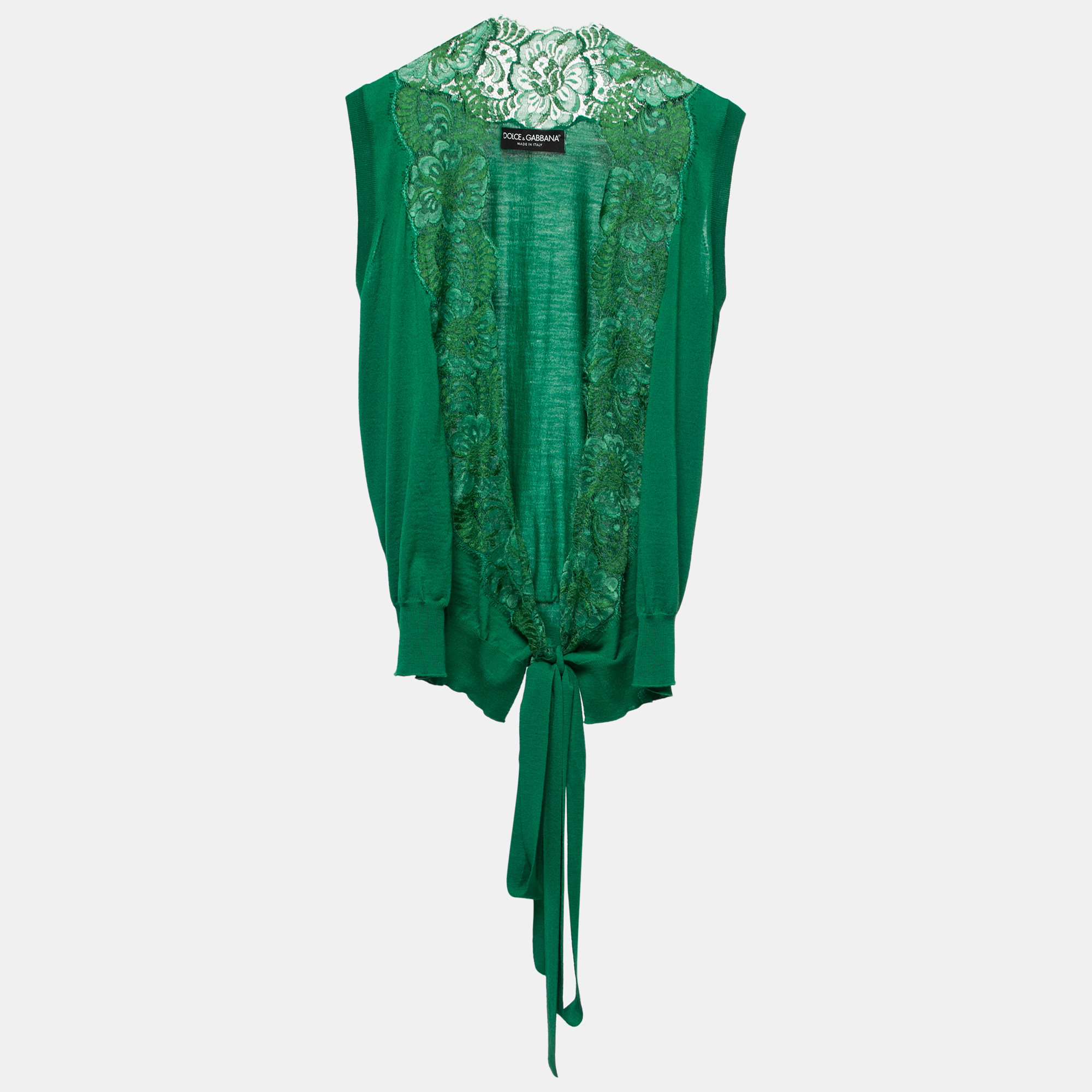 

Dolce & Gabbana Green Wool & Lace Trimmed Sleeveless Wrap Top L