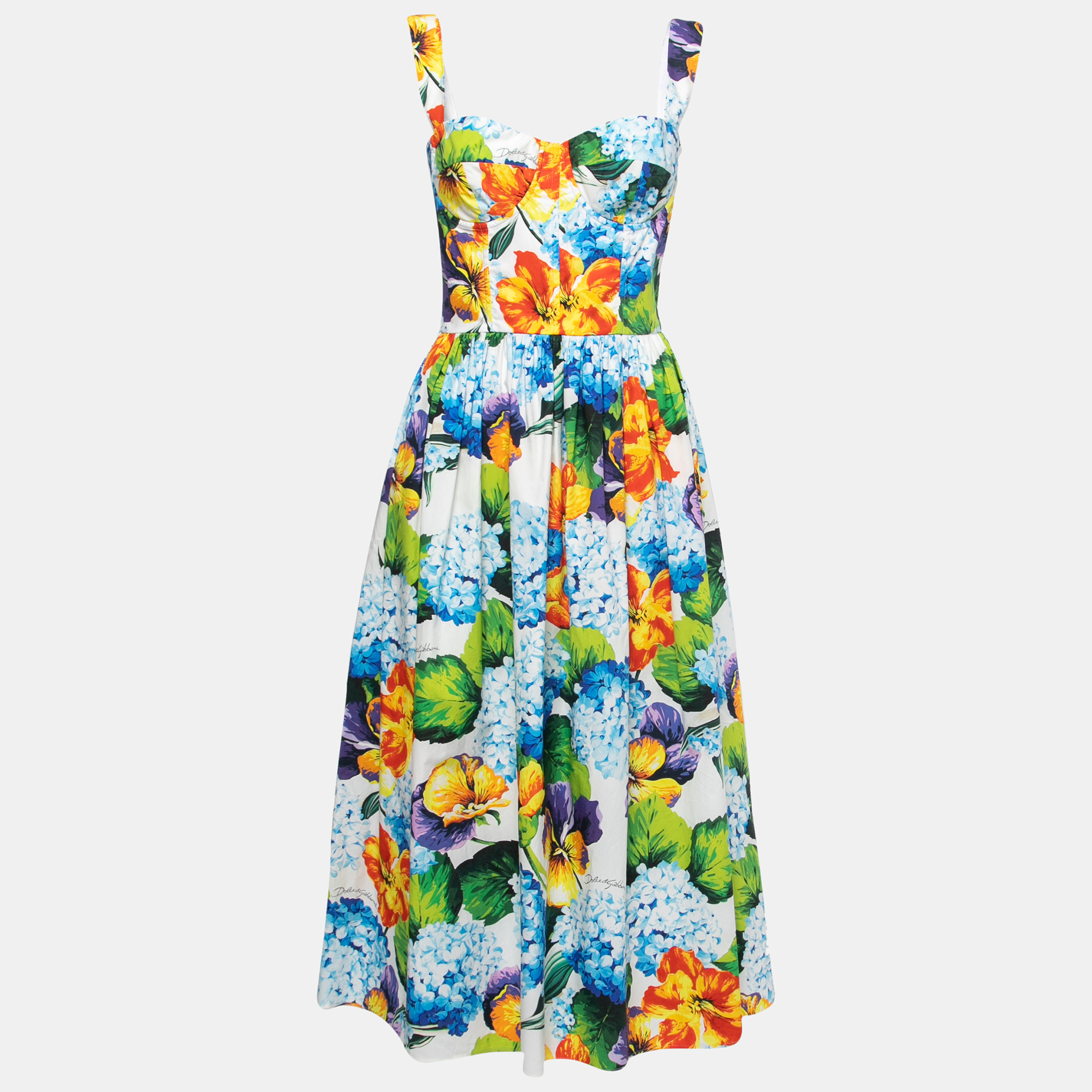 Pre Owned Dolce & Gabbana Blue Floral Printed Cotton Bustier Flared Dress M