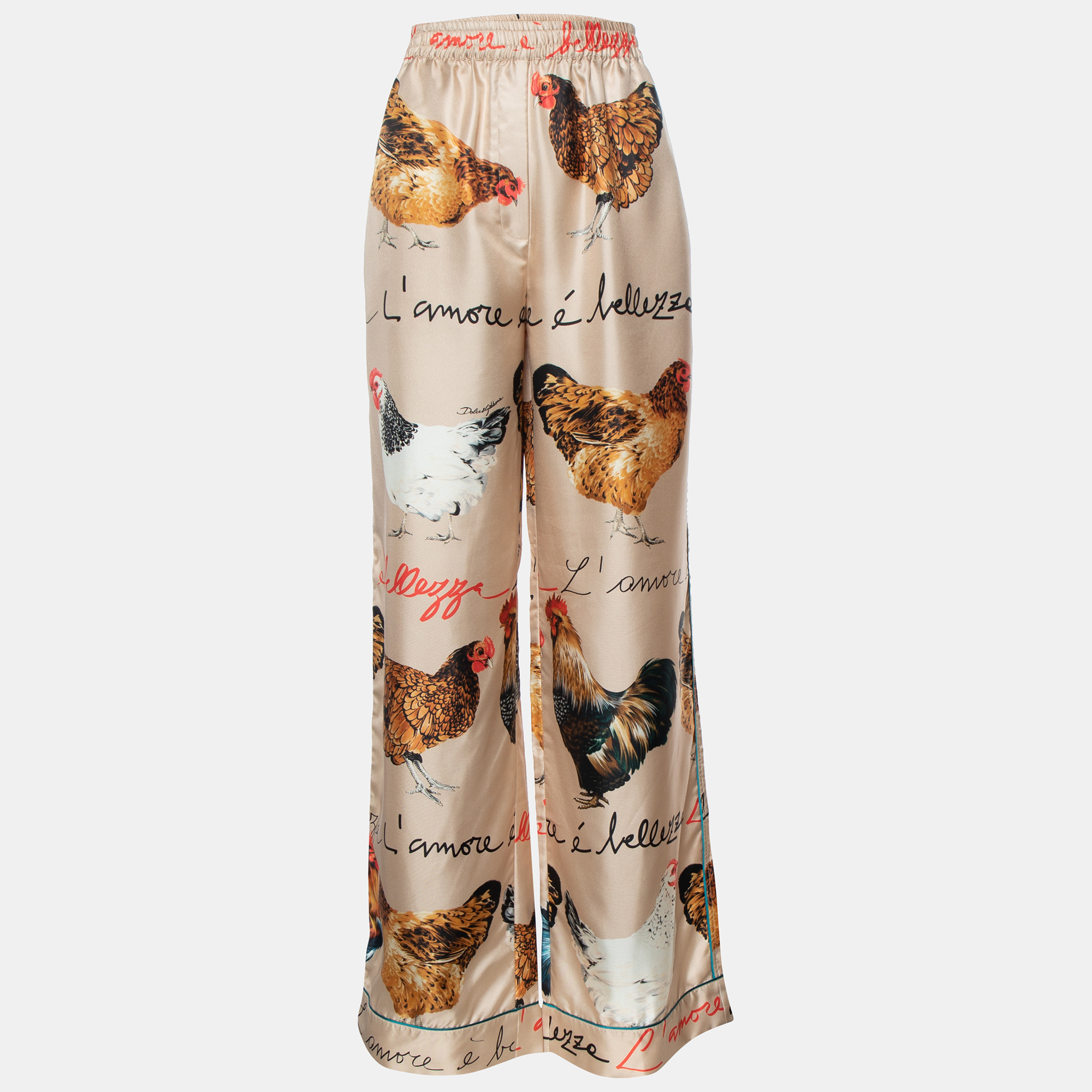 Pre-owned Dolce & Gabbana Beige Hen Printed Silk Pajama Trousers S