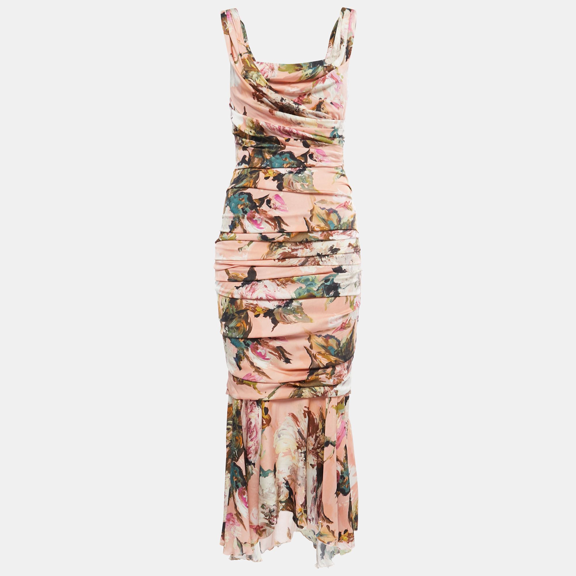Pre Owned Dolce & Gabbana Pink Floral Printed Silk Ruched Midi Dress M