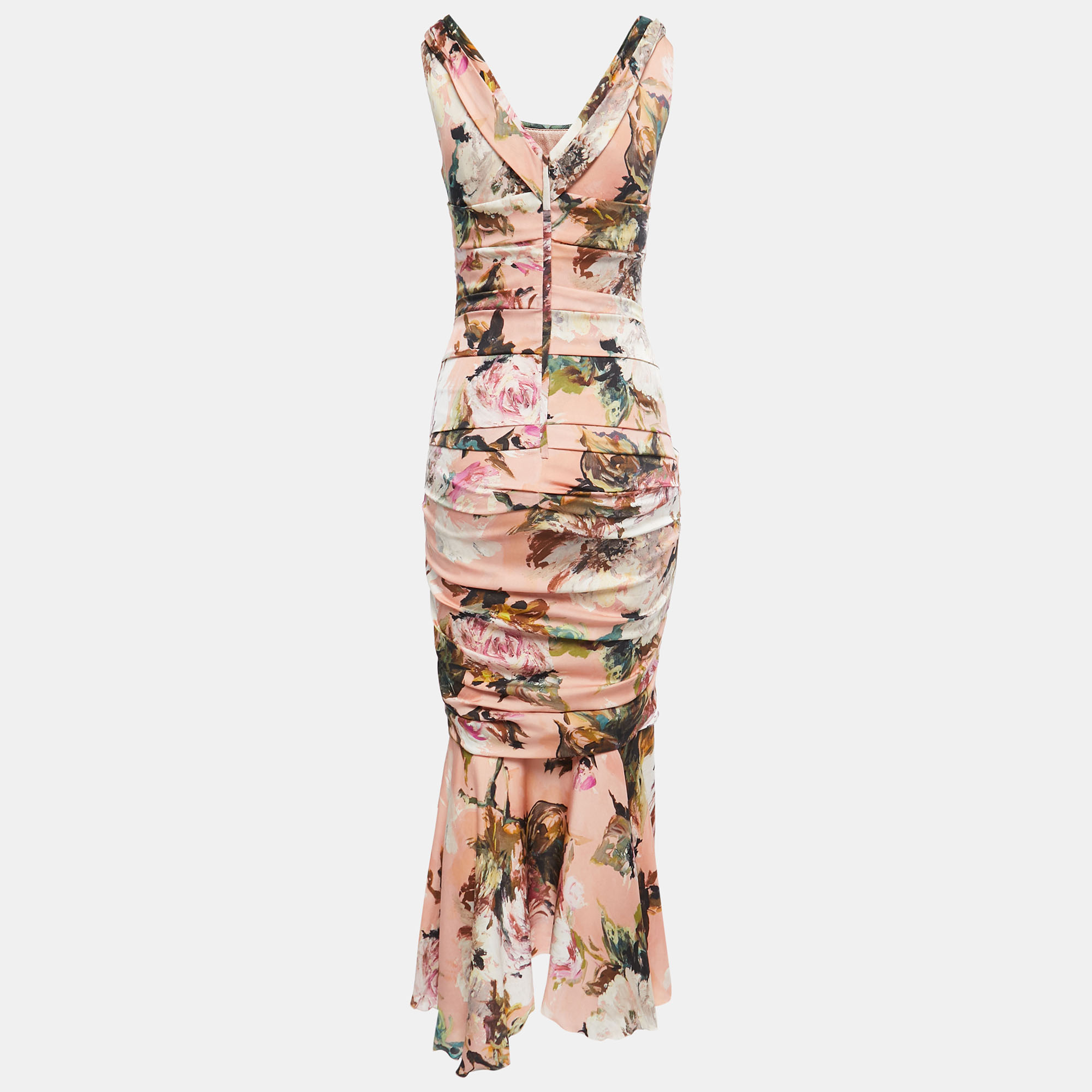 

Dolce & Gabbana Pink Floral Printed Silk Ruched Midi Dress