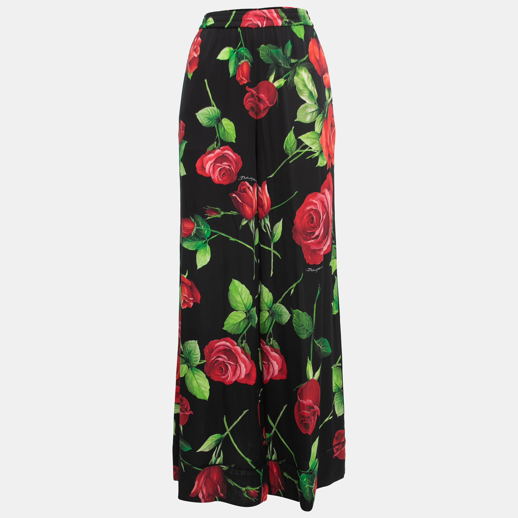 Pre-owned Dolce & Gabbana Black/red Floral Print Silk Palazzo Pants M