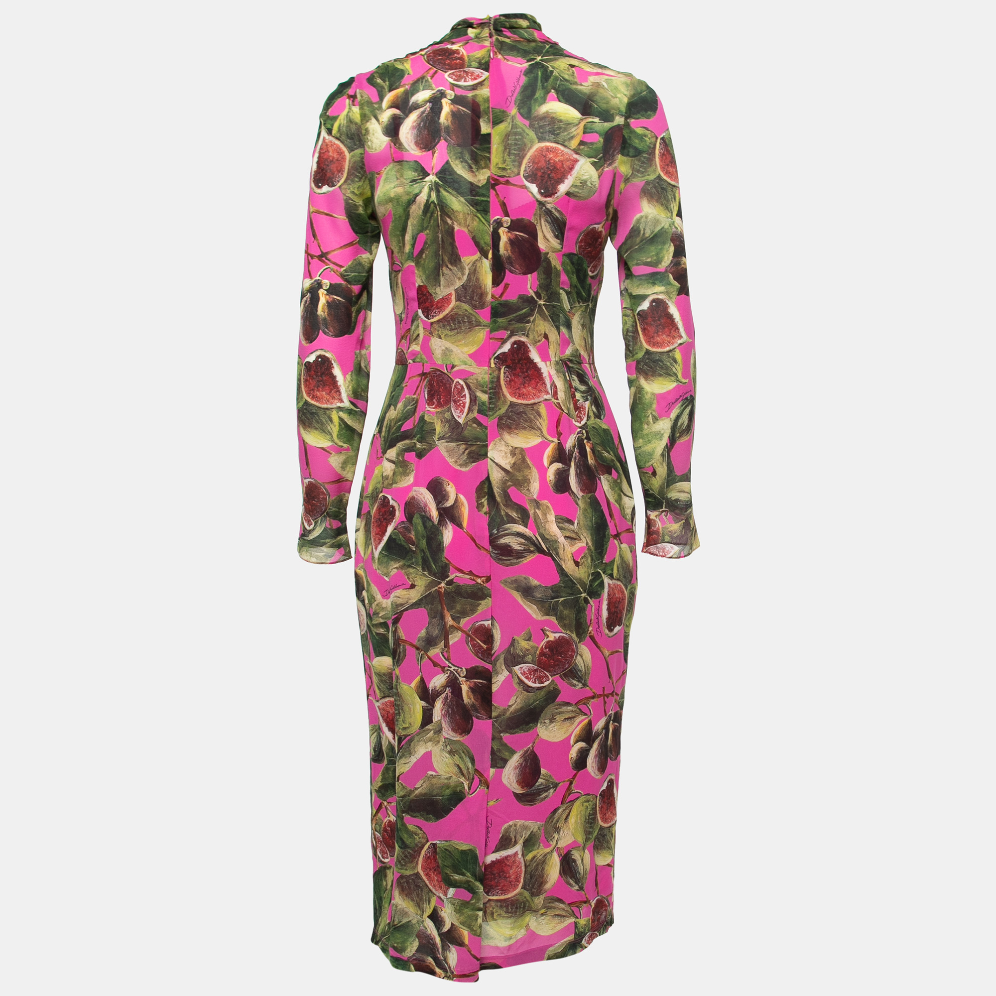 

Dolce & Gabbana Pink Fig Print Silk Tie-Neck Midi Dress