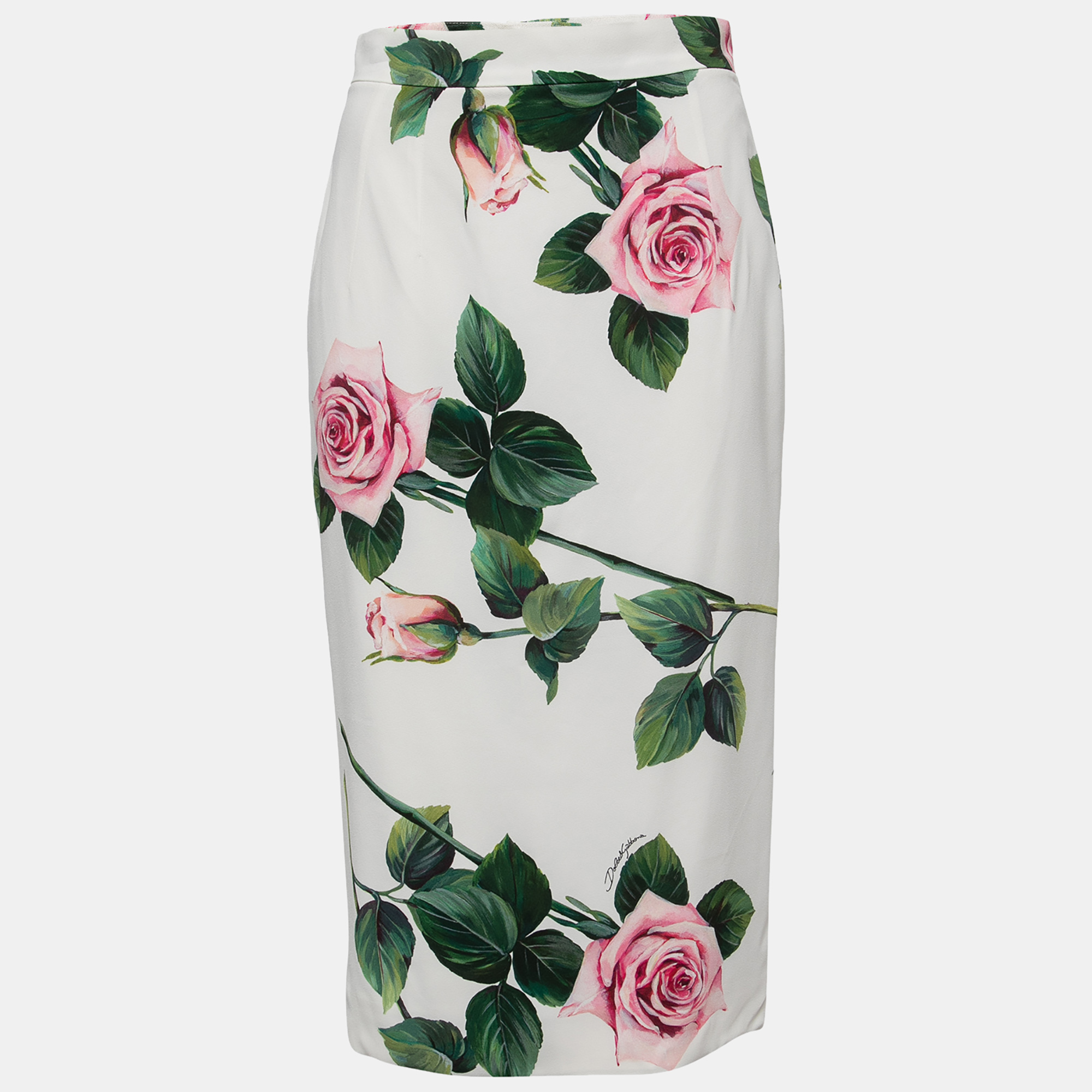 مملوكة مسبقًا Dolce & Gabbana White Rose Printed Crepe Pencil Skirt M