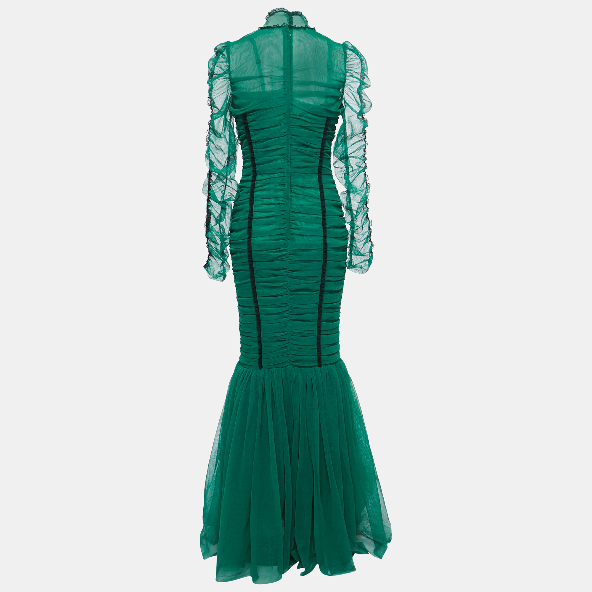 

Dolce & Gabbana Green Ruched Tulle Lace Trimmed Gown