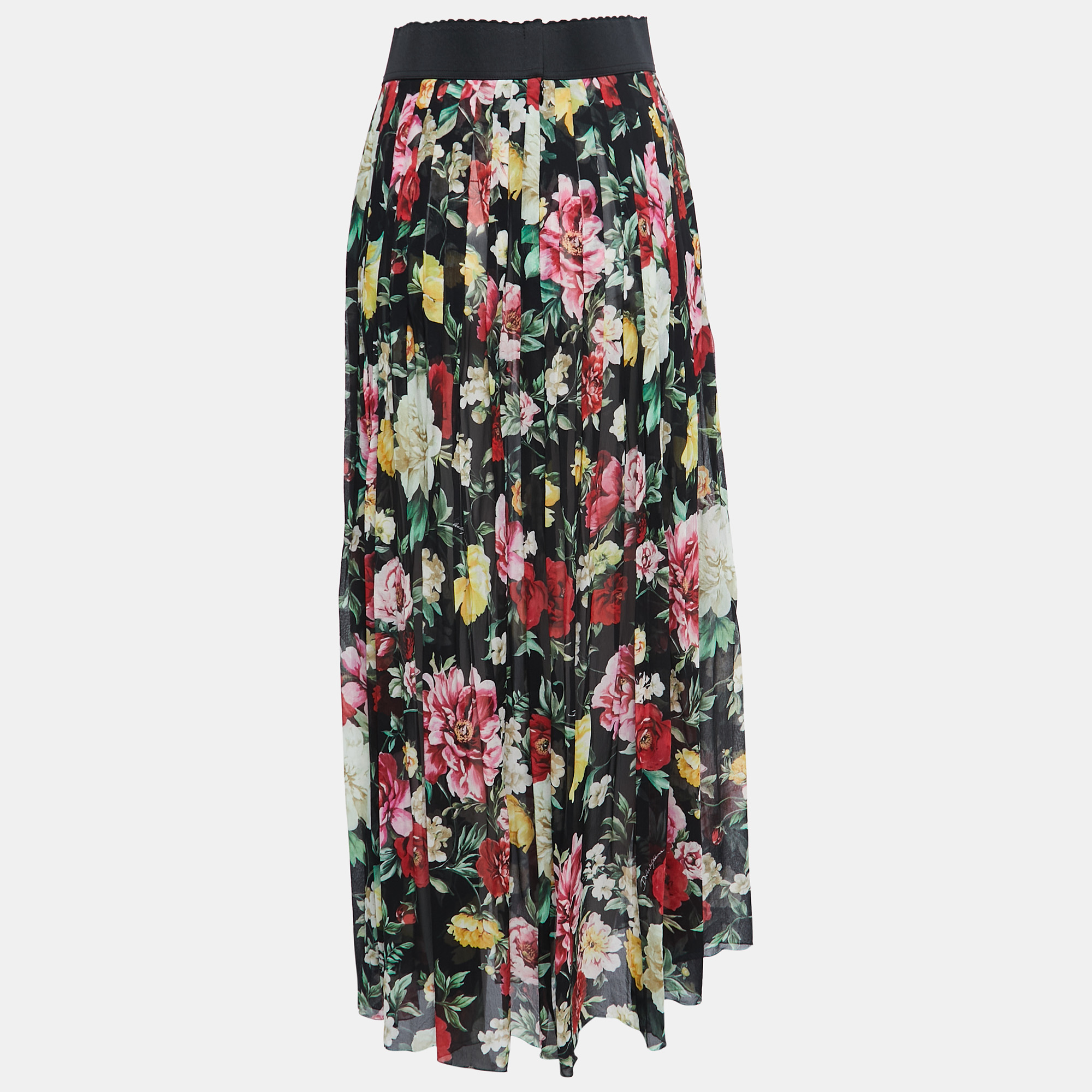 

Dolce & Gabbana Black Floral Printed Silk-Chiffon Pleated Maxi Skirt