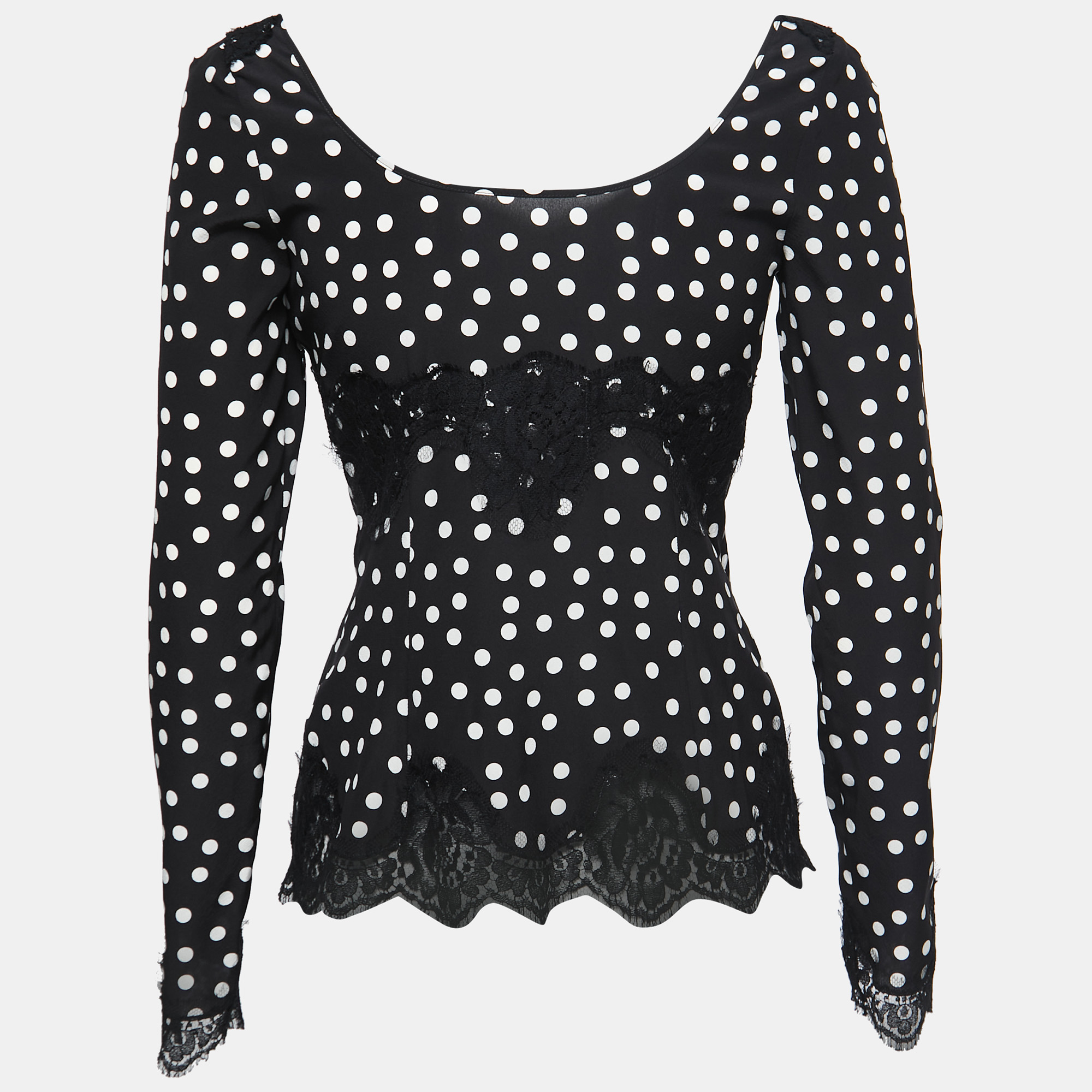 

Dolce & Gabbana Black Polka-Dot Printed Silk Lace-Trimmed Top