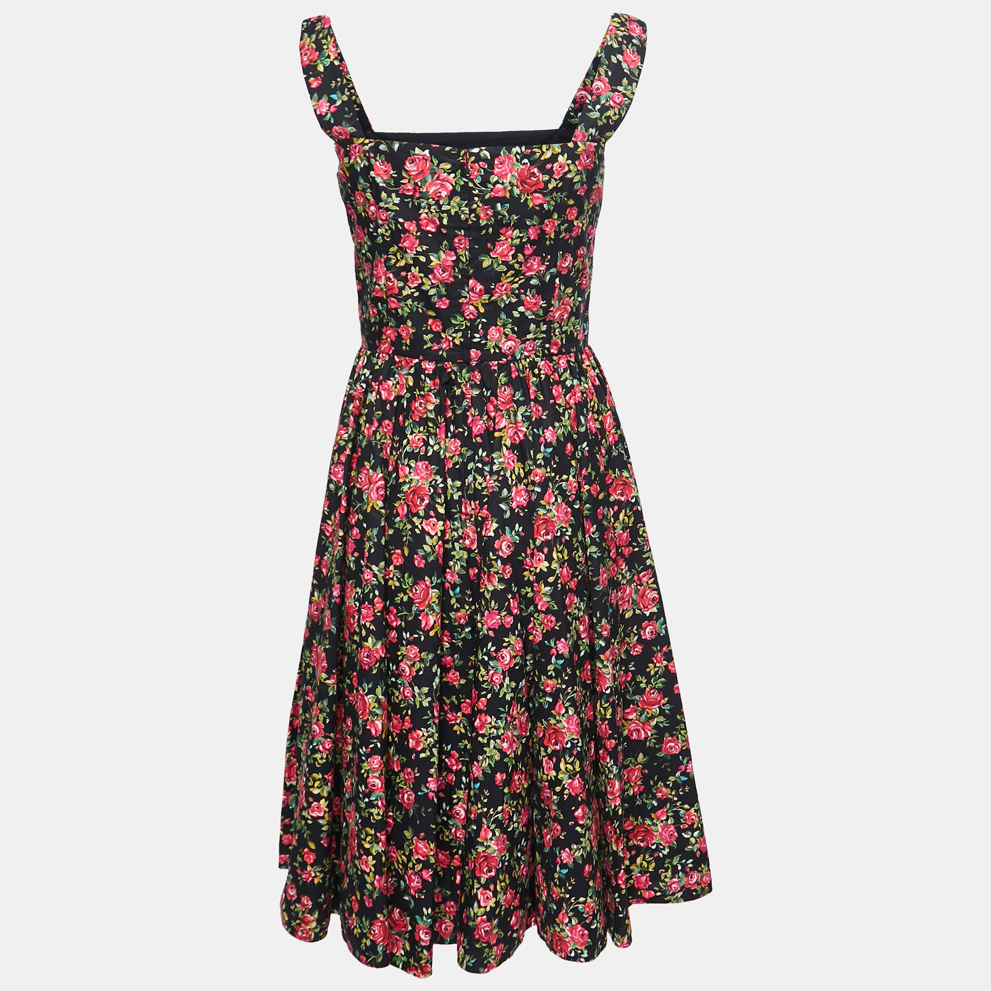 

Dolce & Gabbana Black Rose Printed Cotton Flared Midi Dress