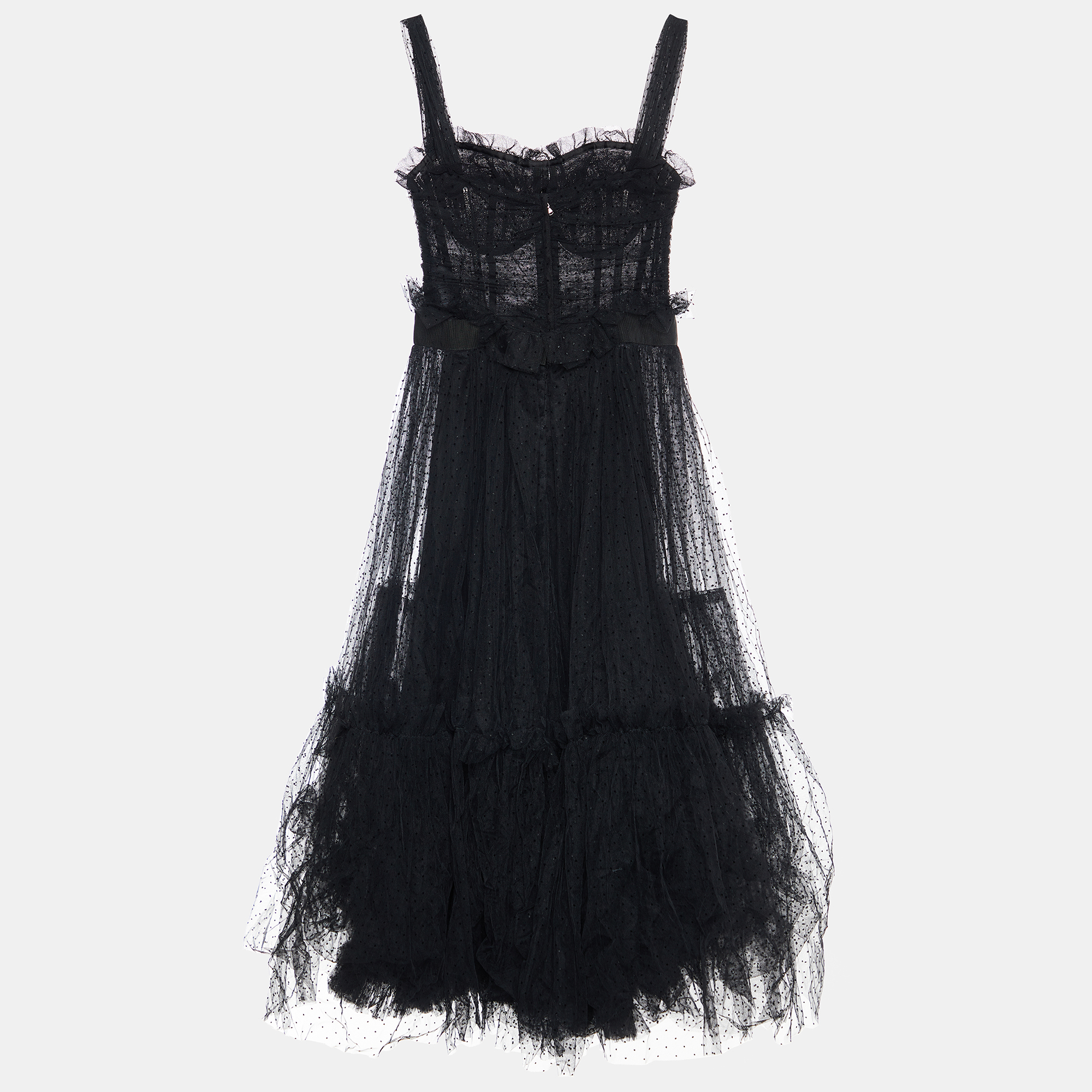

Dolce & Gabbana Black Plumetis Tulle Ruched Midi Dress