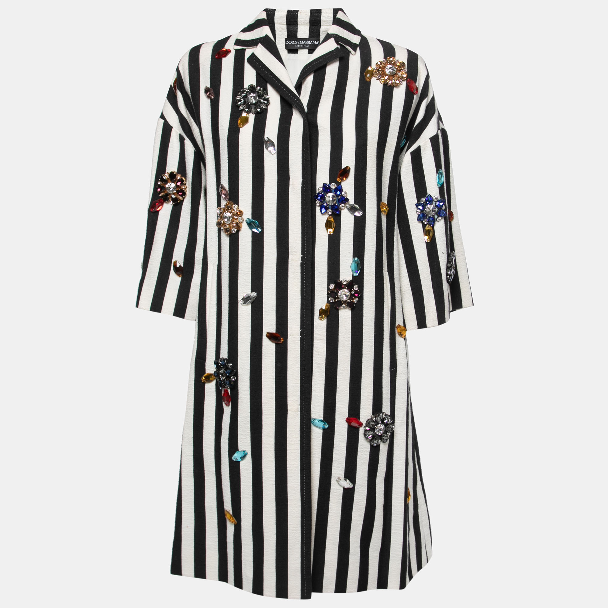 Dolce & Gabbana Black Striped Canvas Crystal Embellished Overcoat M