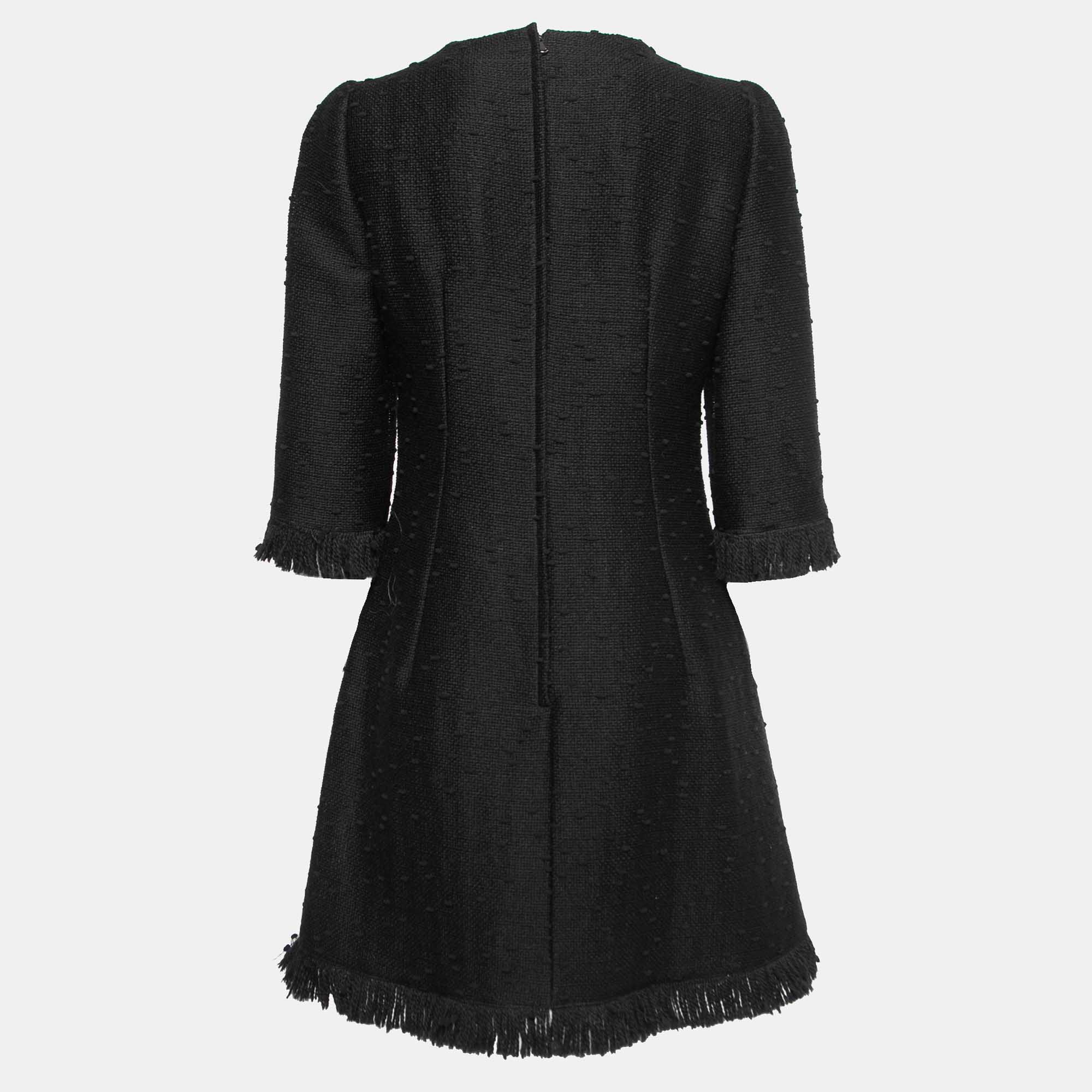 

Dolce & Gabbana Black Tweed Fringed Mid-Length Dress