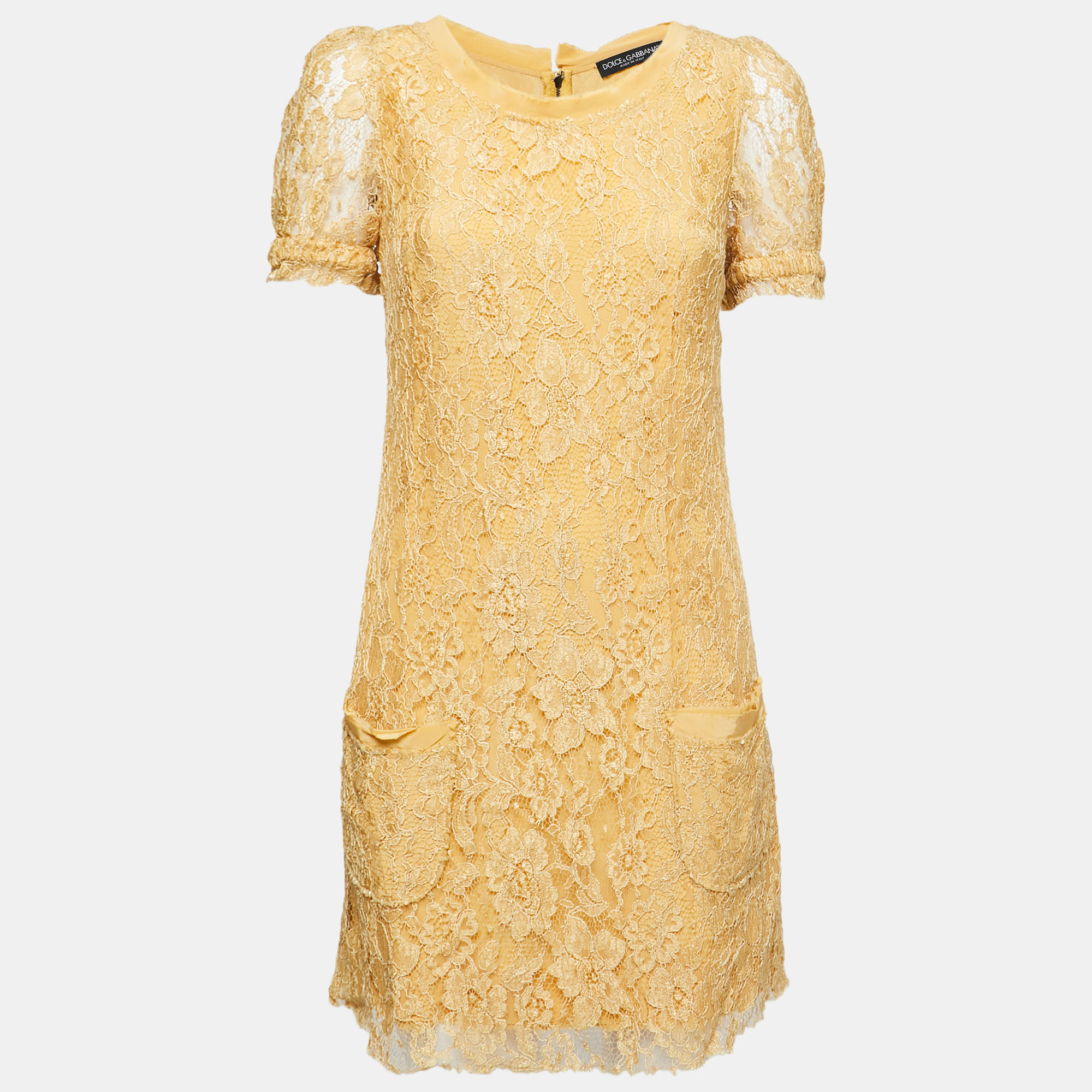 Pre-owned Dolce & Gabbana Yellow Floral Lace Pocket Detail Short Dress M
