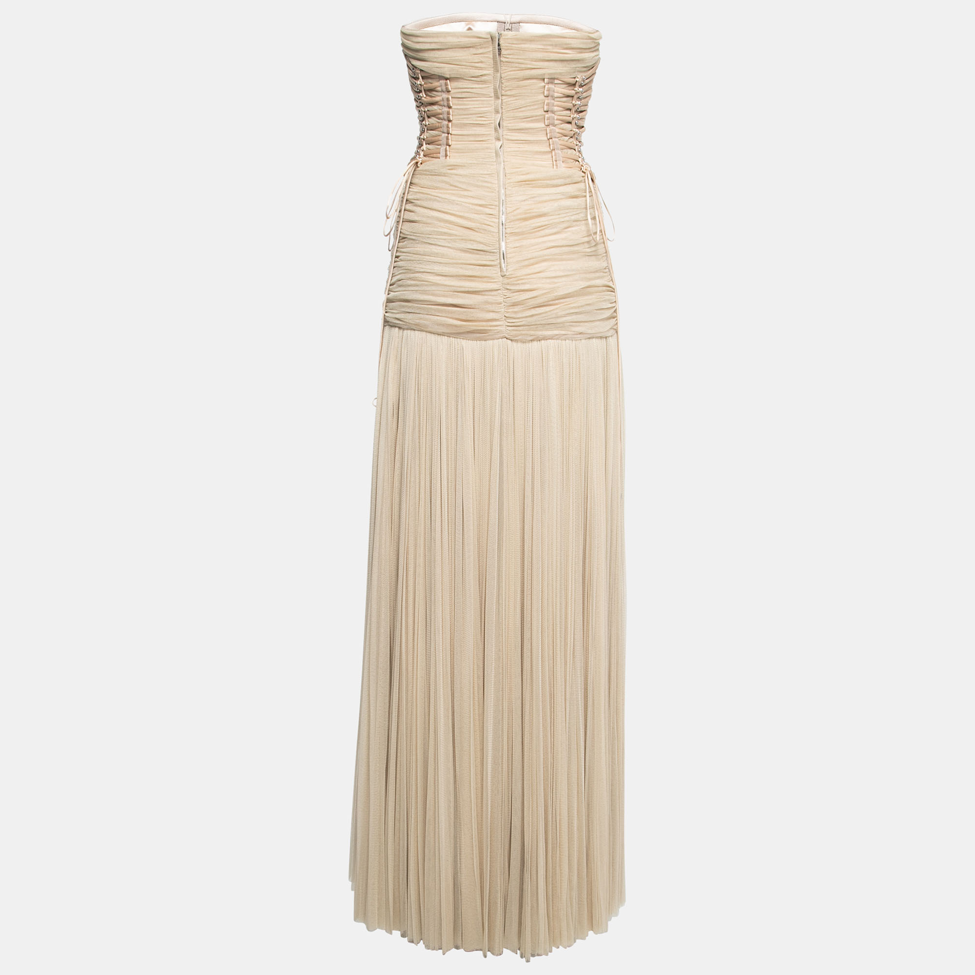 

Dolce & Gabbana Beige Silk Mesh Ruched Strapless Gown