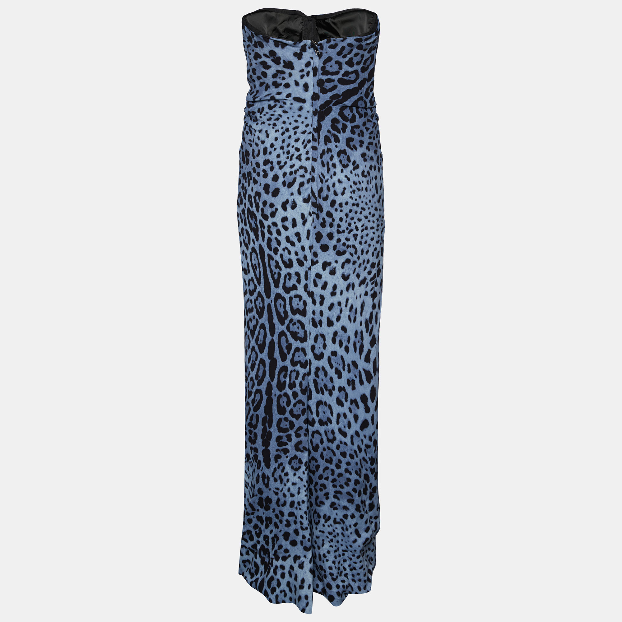 

Dolce & Gabbana Blue Animal Printed Silk Bow Detail Strapless Maxi Dress