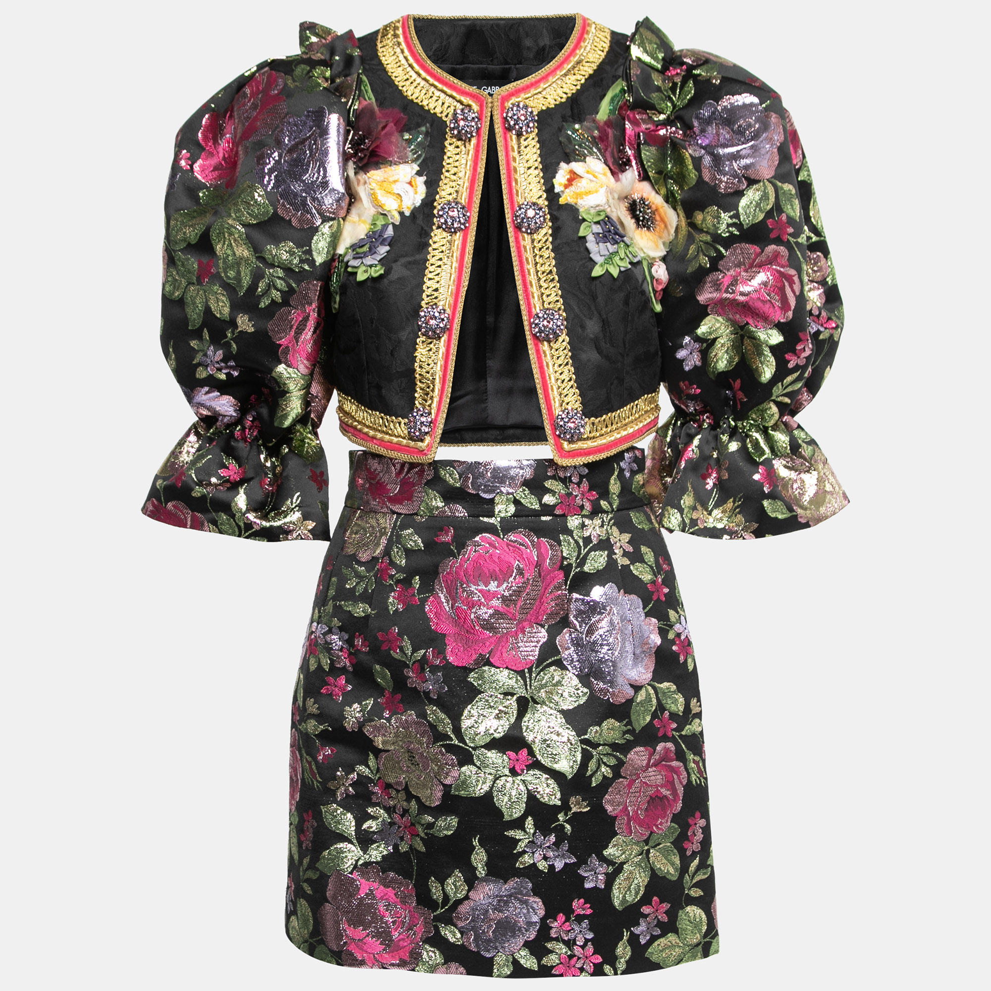 Pre-owned Dolce & Gabbana Black Floral Jacquard Bolero Jacket & Skirt Set S