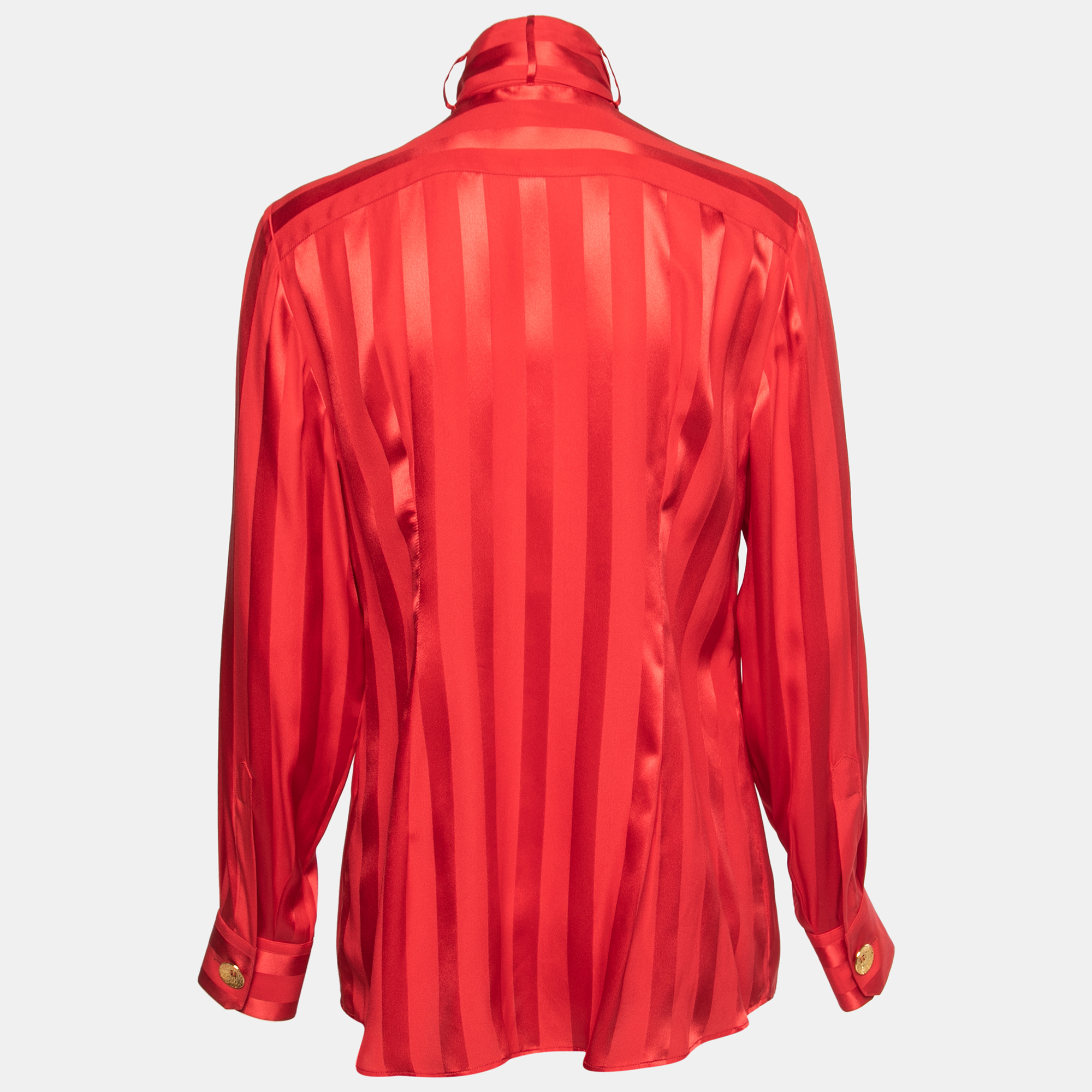 

Dolce & Gabbana Red Striped Silk Pleated Front Tie Neck Blouse