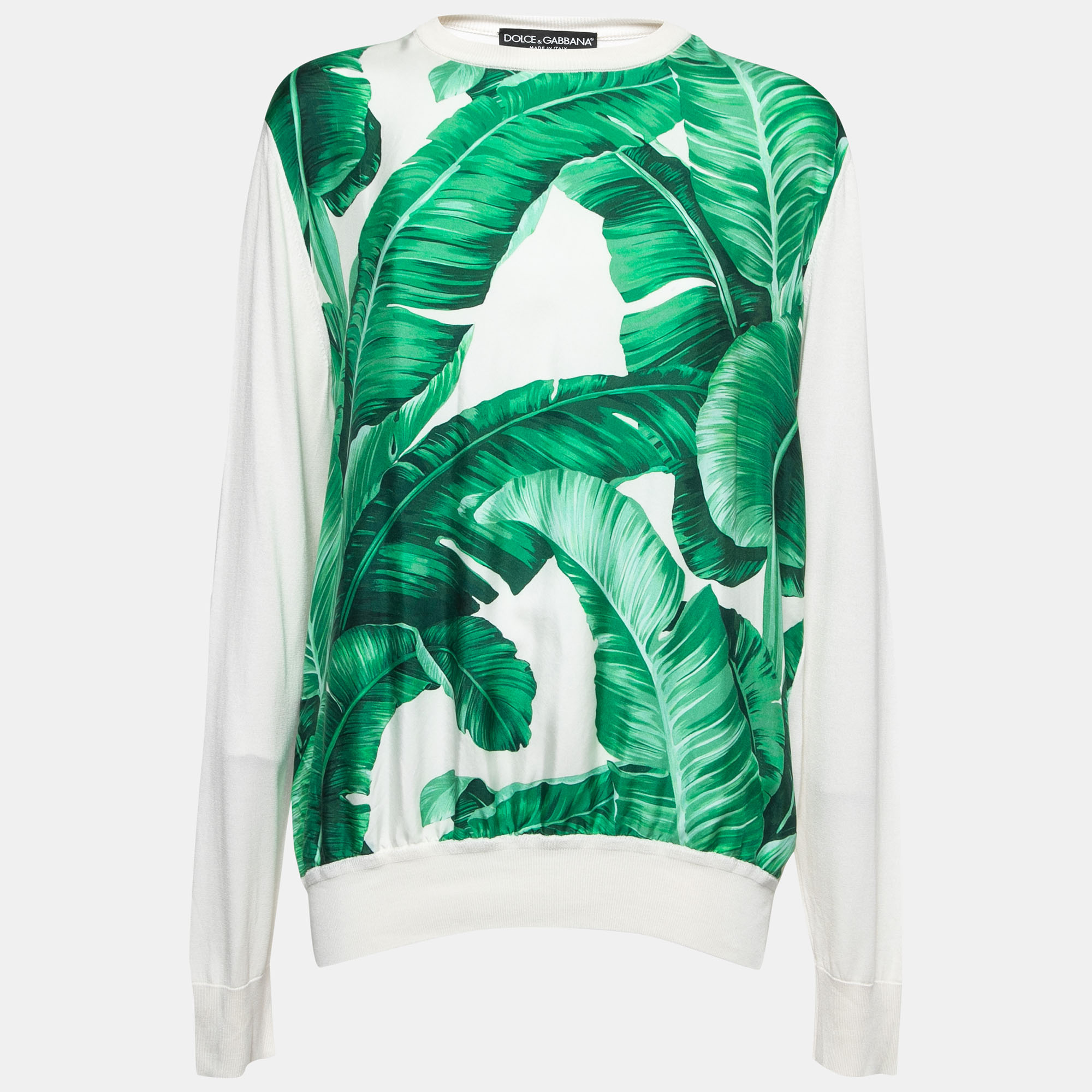 Pre Owned Dolce & Gabbana White Banana Leaf Print Silk & Knit Pullover M
