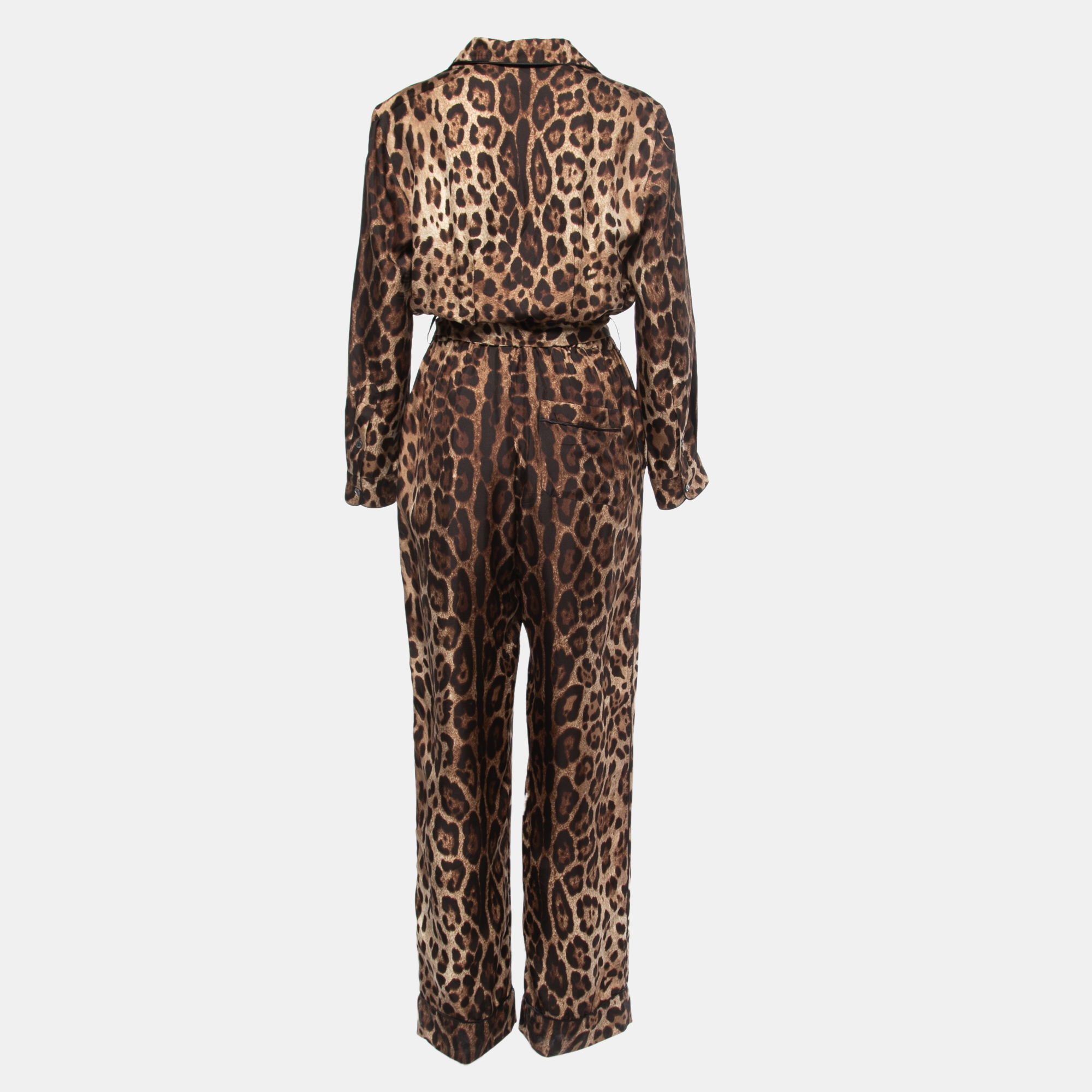 

Dolce & Gabbana Brown Leopard Printed Silk Button Front Flared Leg Jumpsuit