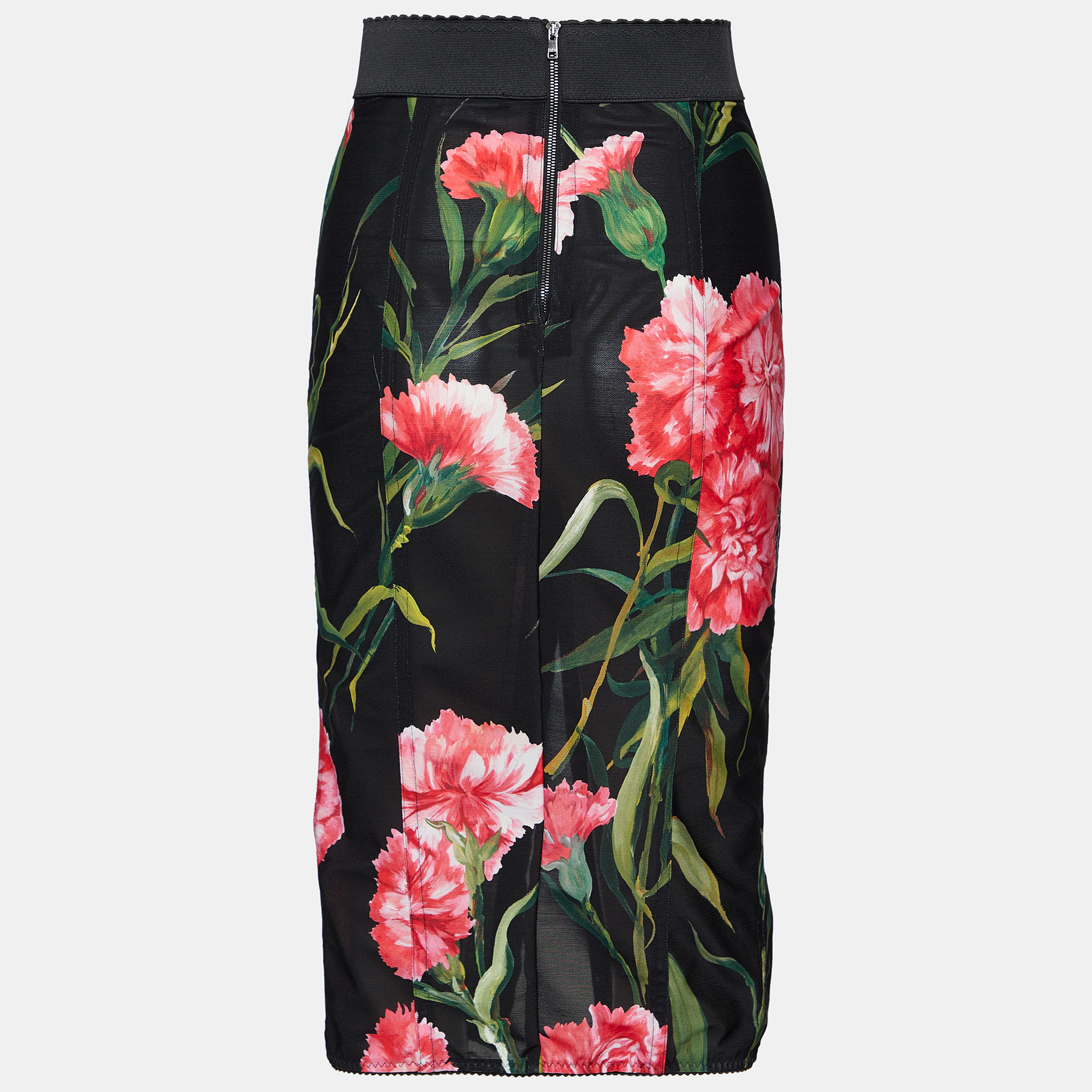 

Dolce & Gabbana Black Floral Printed Mesh High Waist Midi Skirt
