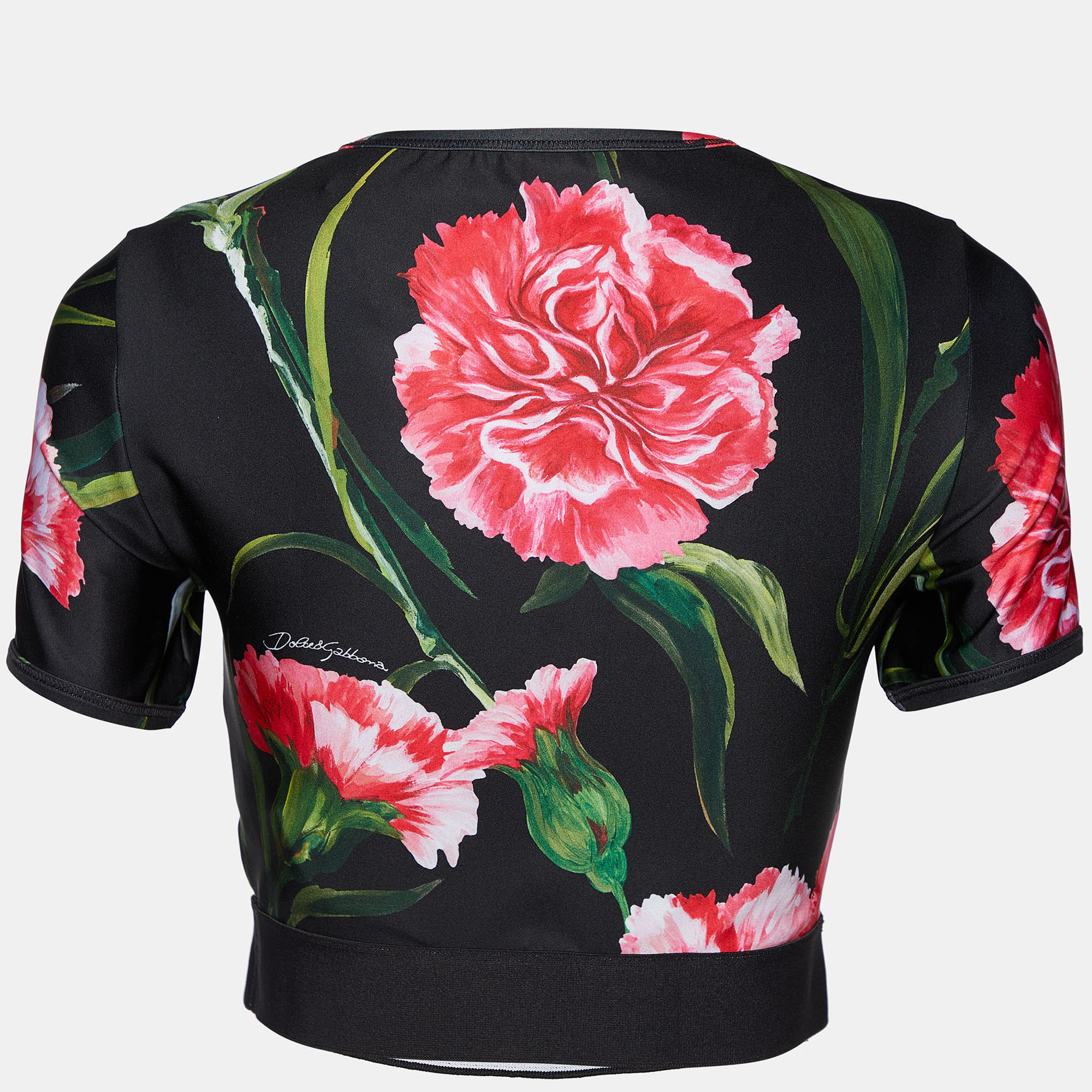 

Dolce & Gabbana Black Floral Printed Jersey Logo band Detail Crop Top