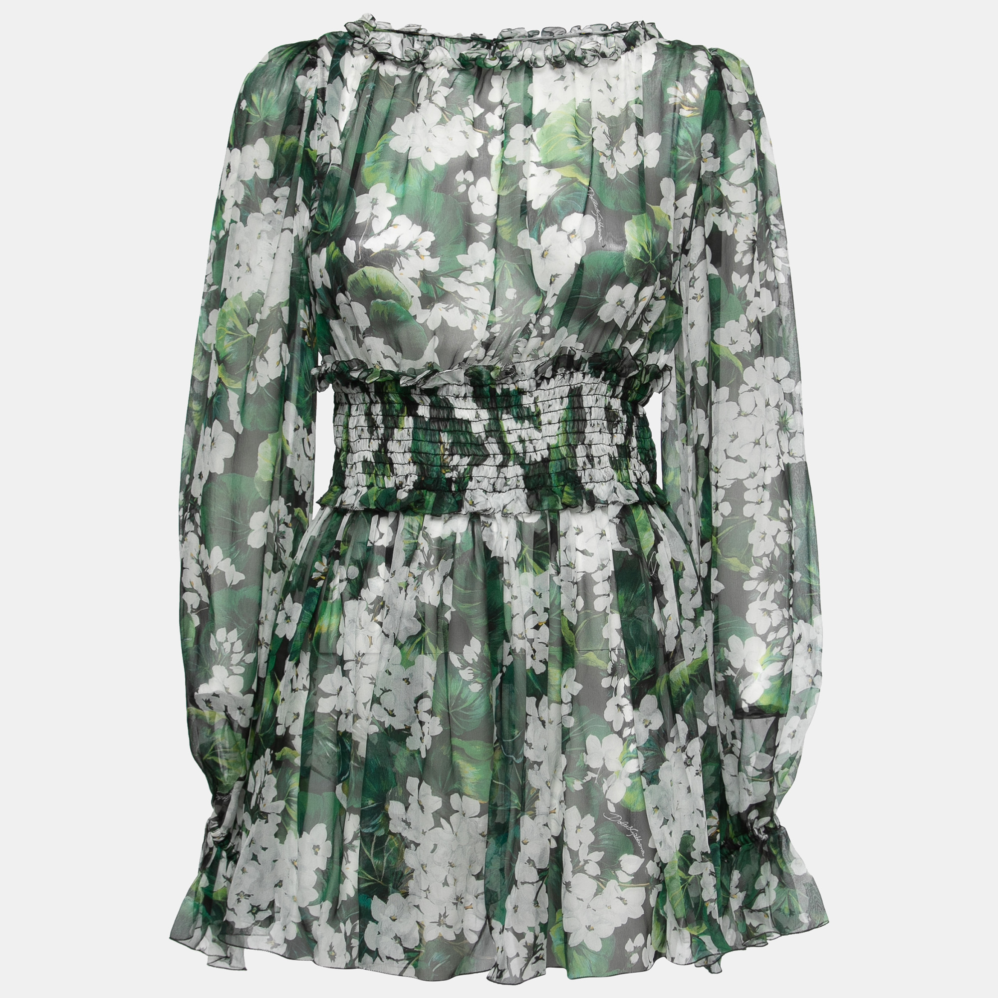 

Dolce & Gabbana Green Floral Printed Chiffon Tie Detail Blouse