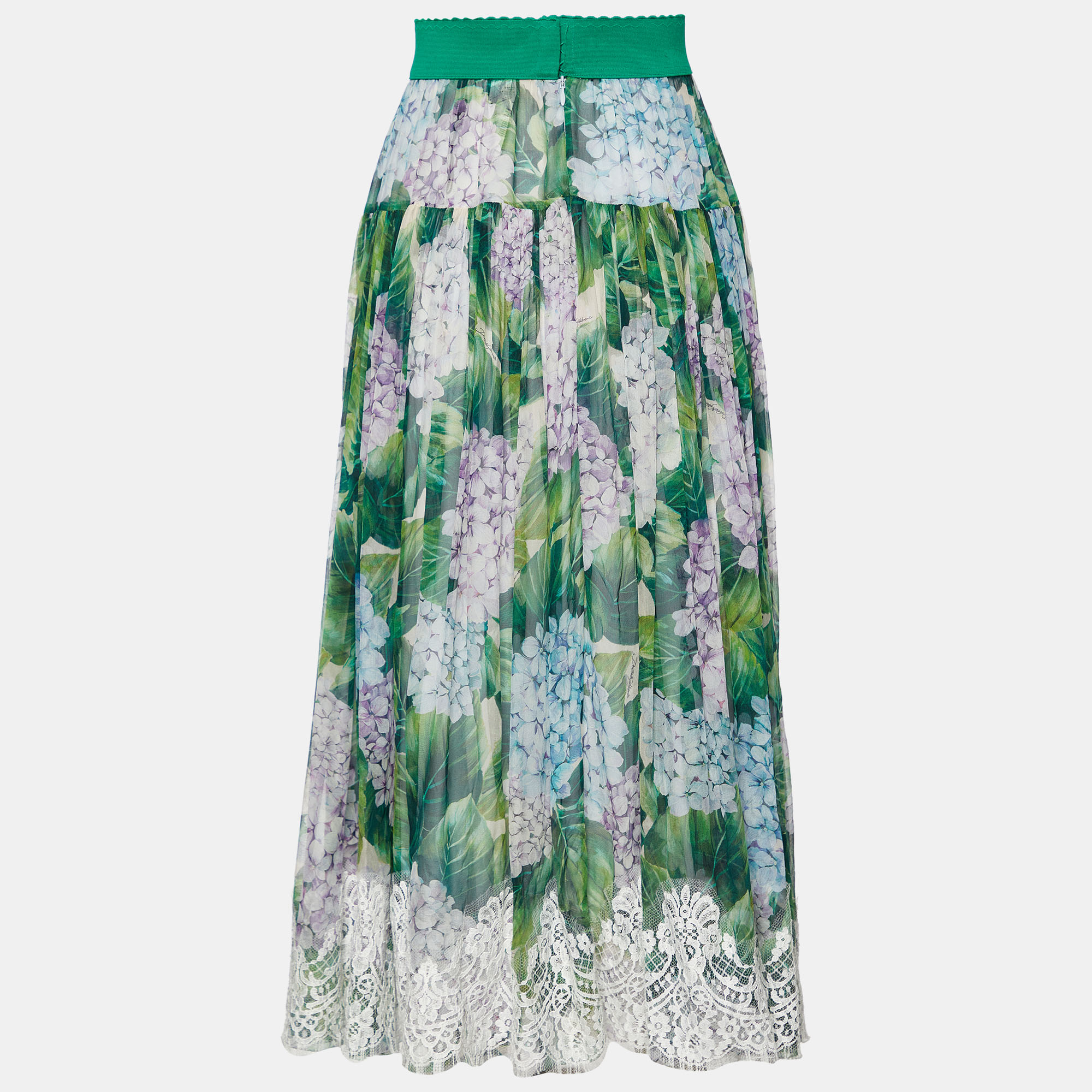 

Dolce & Gabbana Green Hydrangea Printed Silk & Lace Flared Midi Skirt