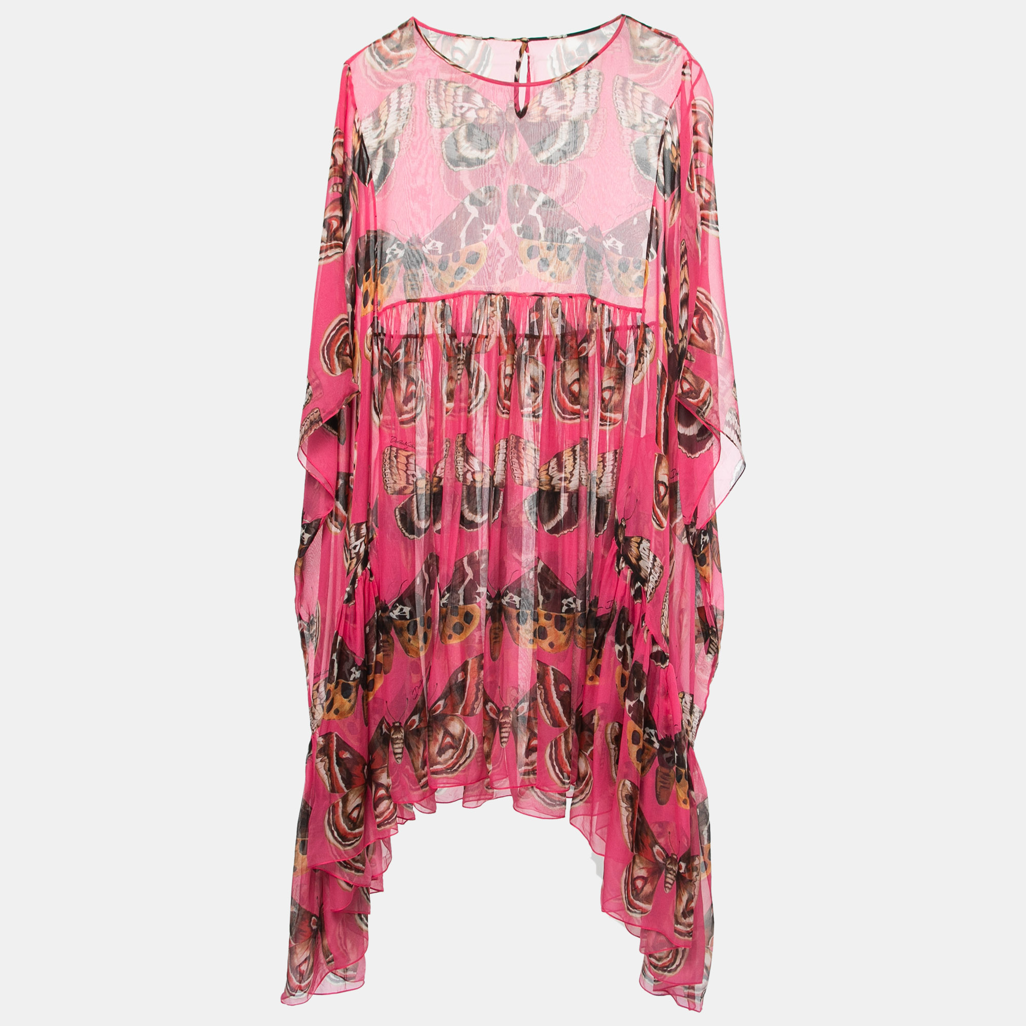 Pre-owned Dolce & Gabbana Pink Butterfly Printed Silk Chiffon Asymmetrical Kaftan Dress M