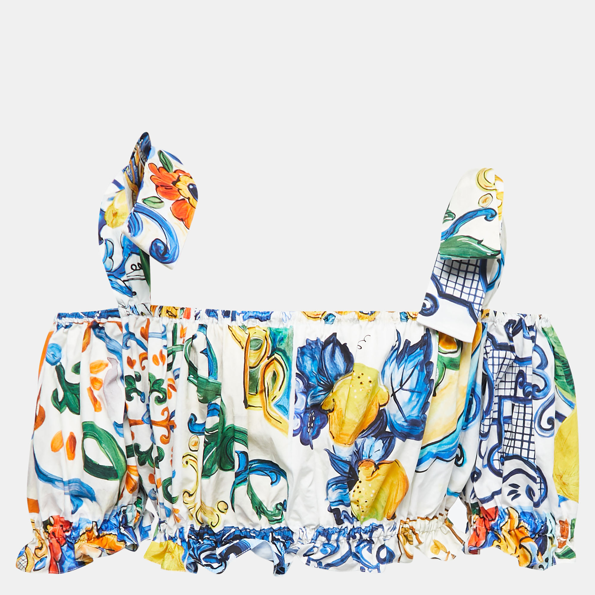 

Dolce & Gabbana Multicolor Majolica Printed Cotton Off Shoulder Crop Top
