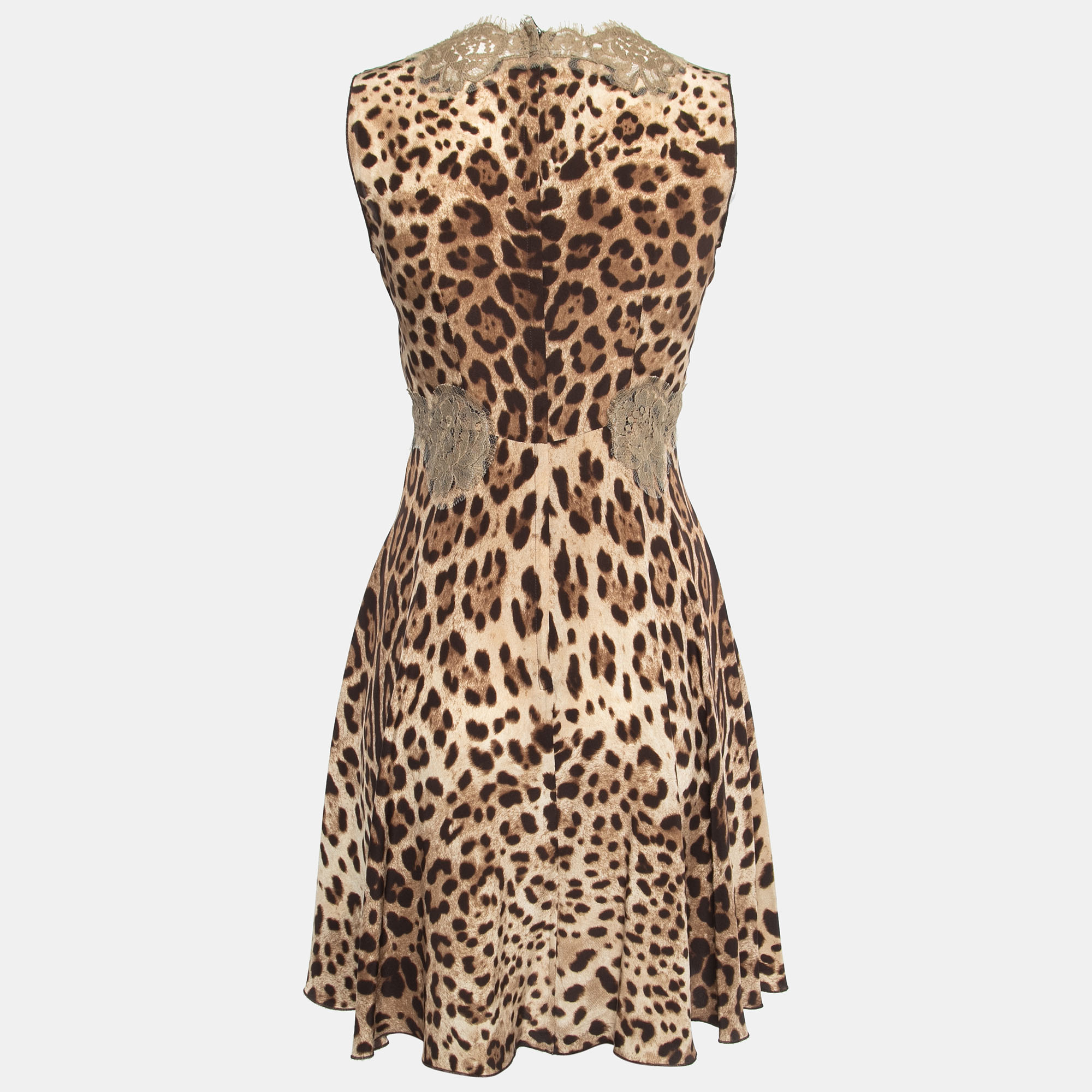 

Dolce & Gabbana Brown Leopard Print Silk Lace Trimmed Sleeveless Flared Short Dress
